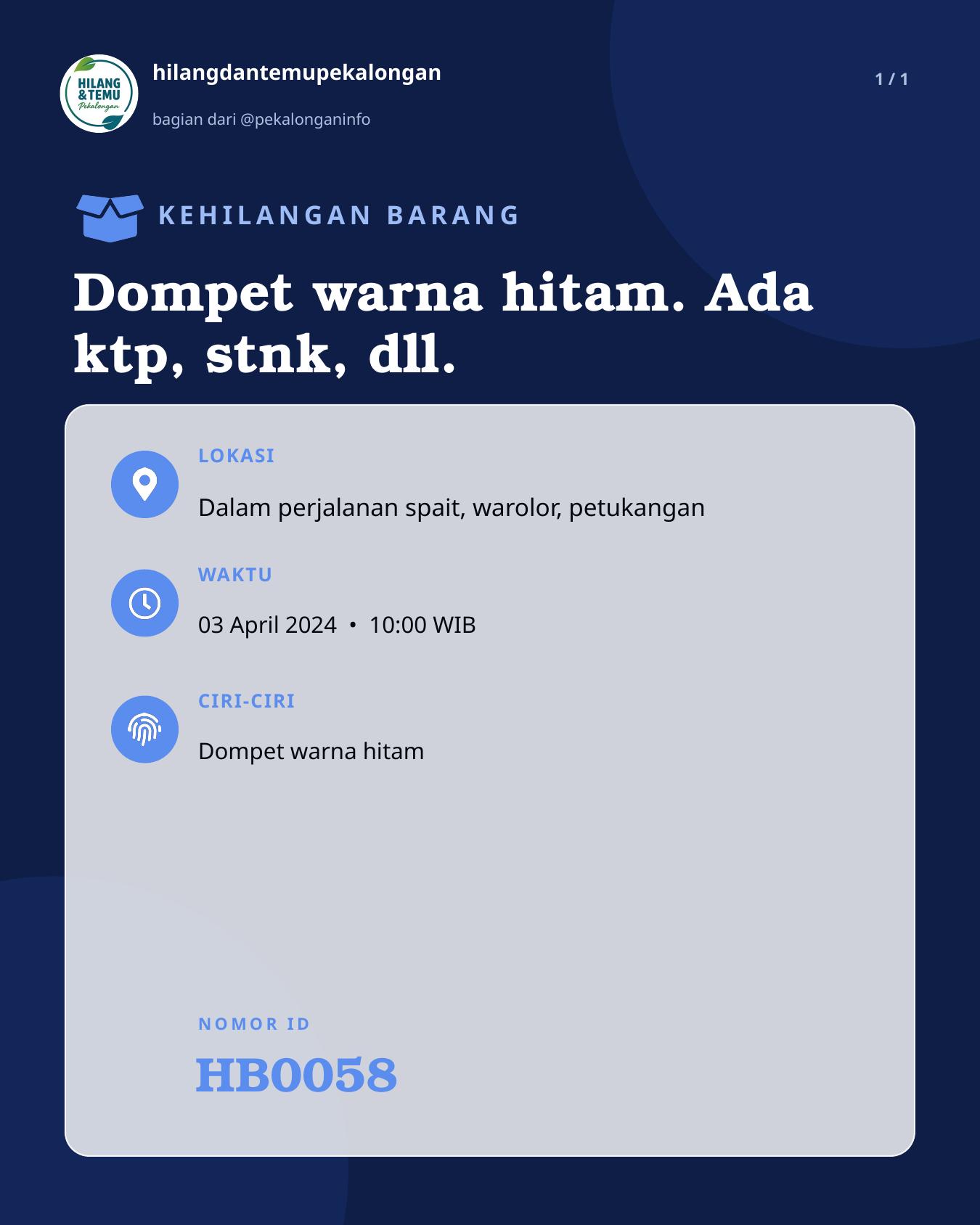 Slide laporan Dompet warna hitam. Ada ktp, stnk, dll. (HB0058)
