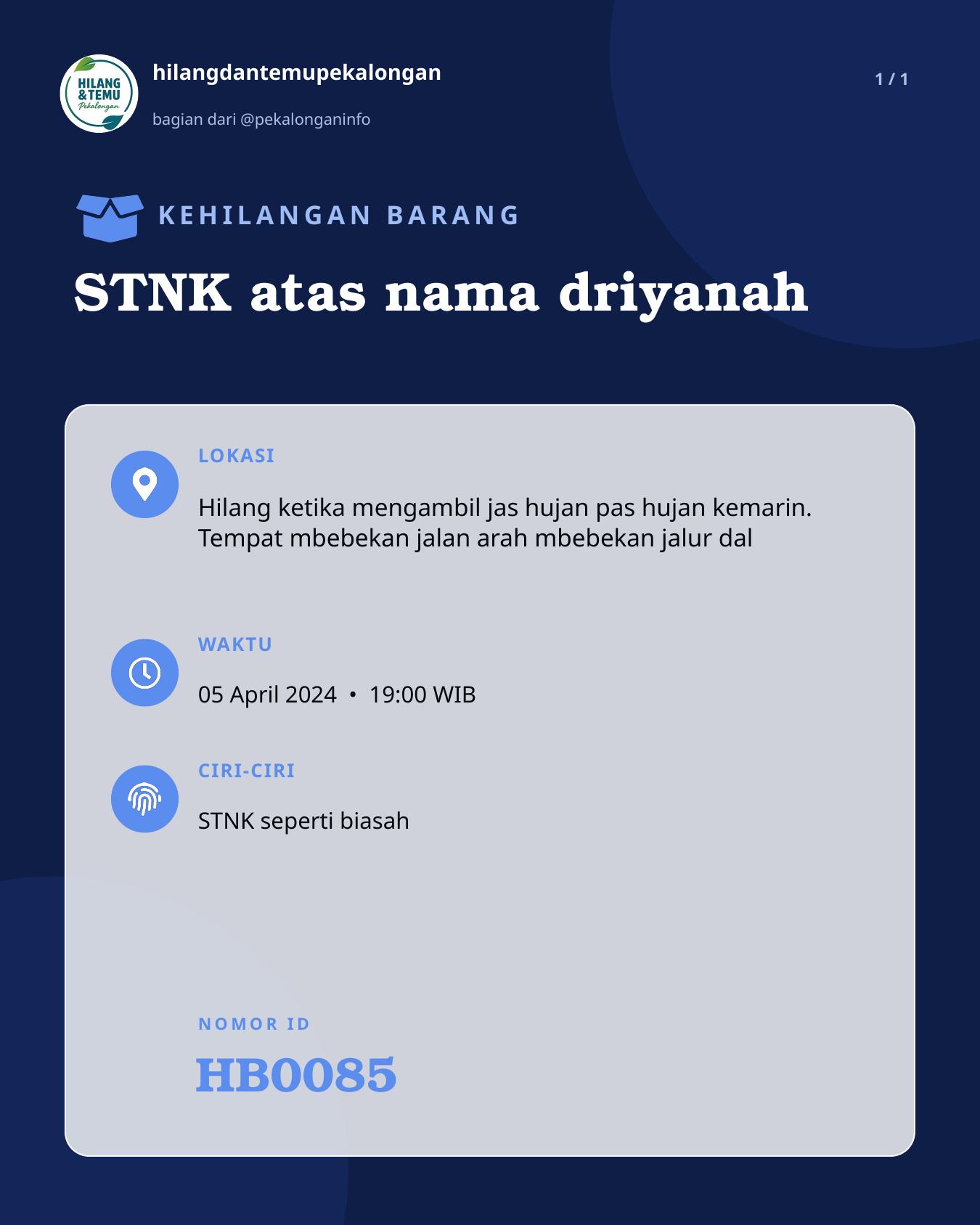 Slide laporan STNK atas nama driyanah (HB0085)