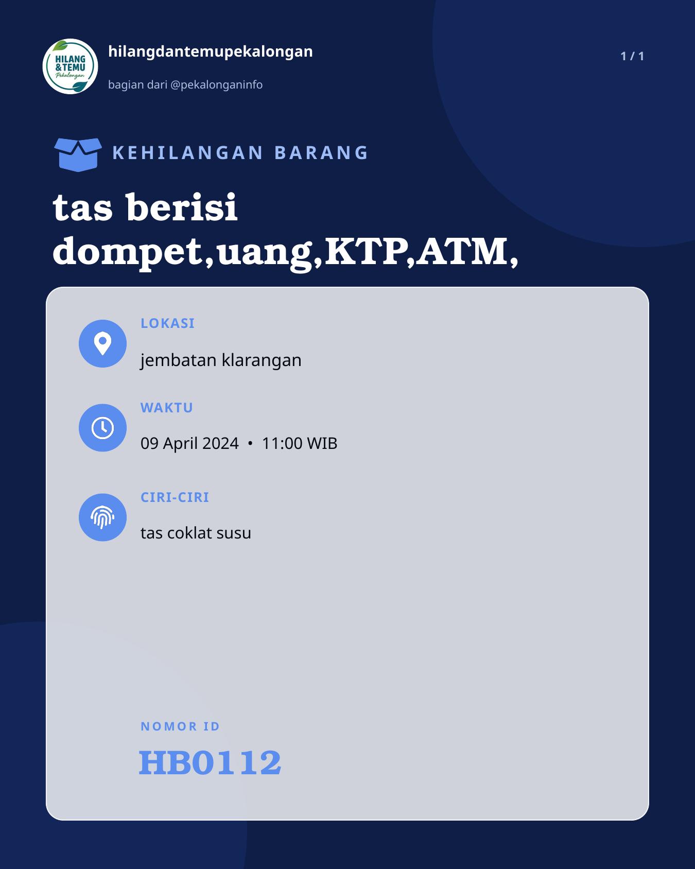 Slide laporan tas berisi dompet,uang,KTP,ATM, (HB0112)