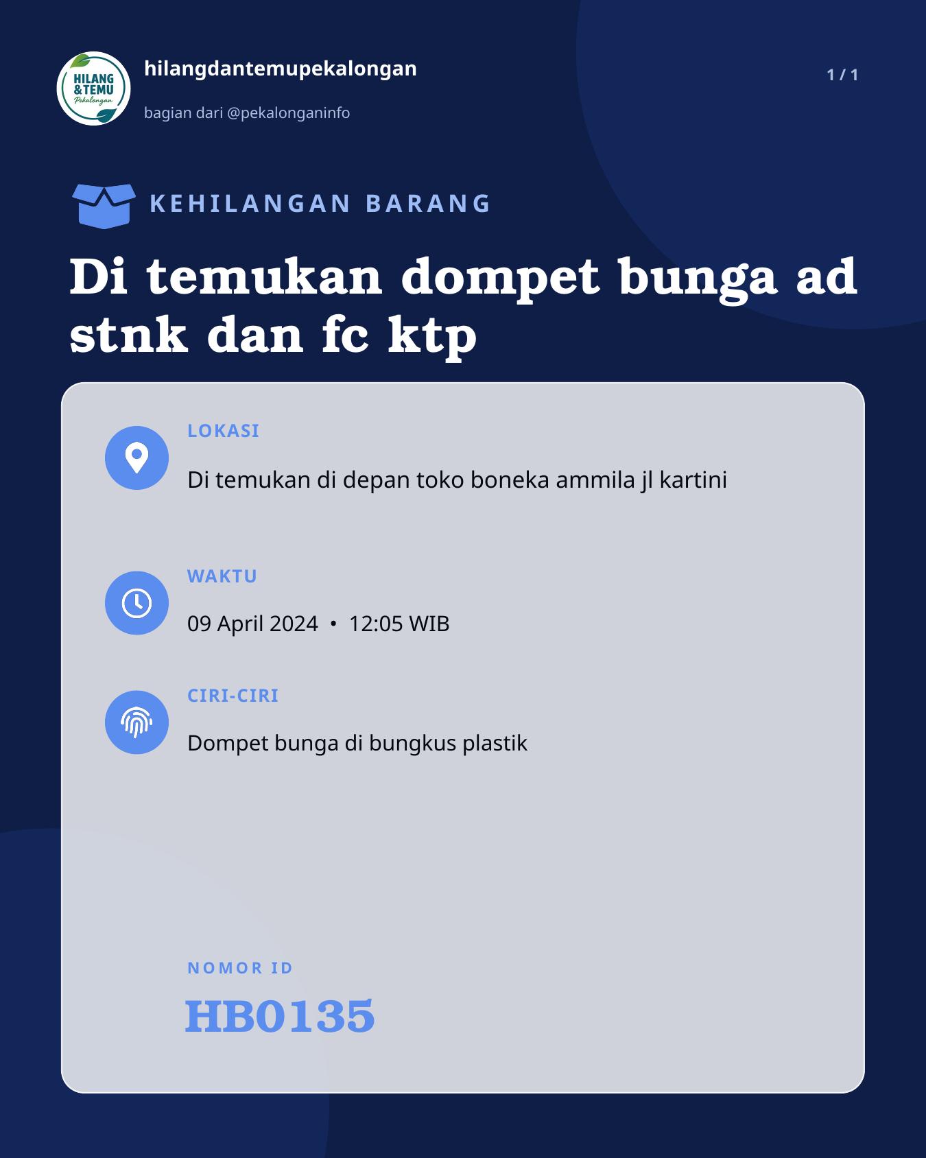 Slide laporan Di temukan dompet bunga ad stnk dan fc ktp (HB0135)