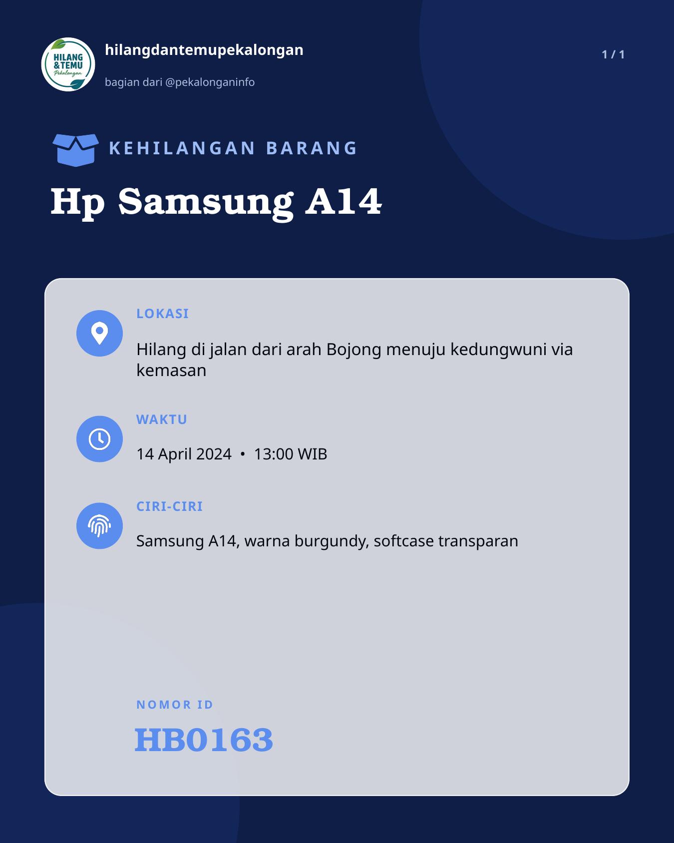 Slide laporan Hp Samsung A14 (HB0163)