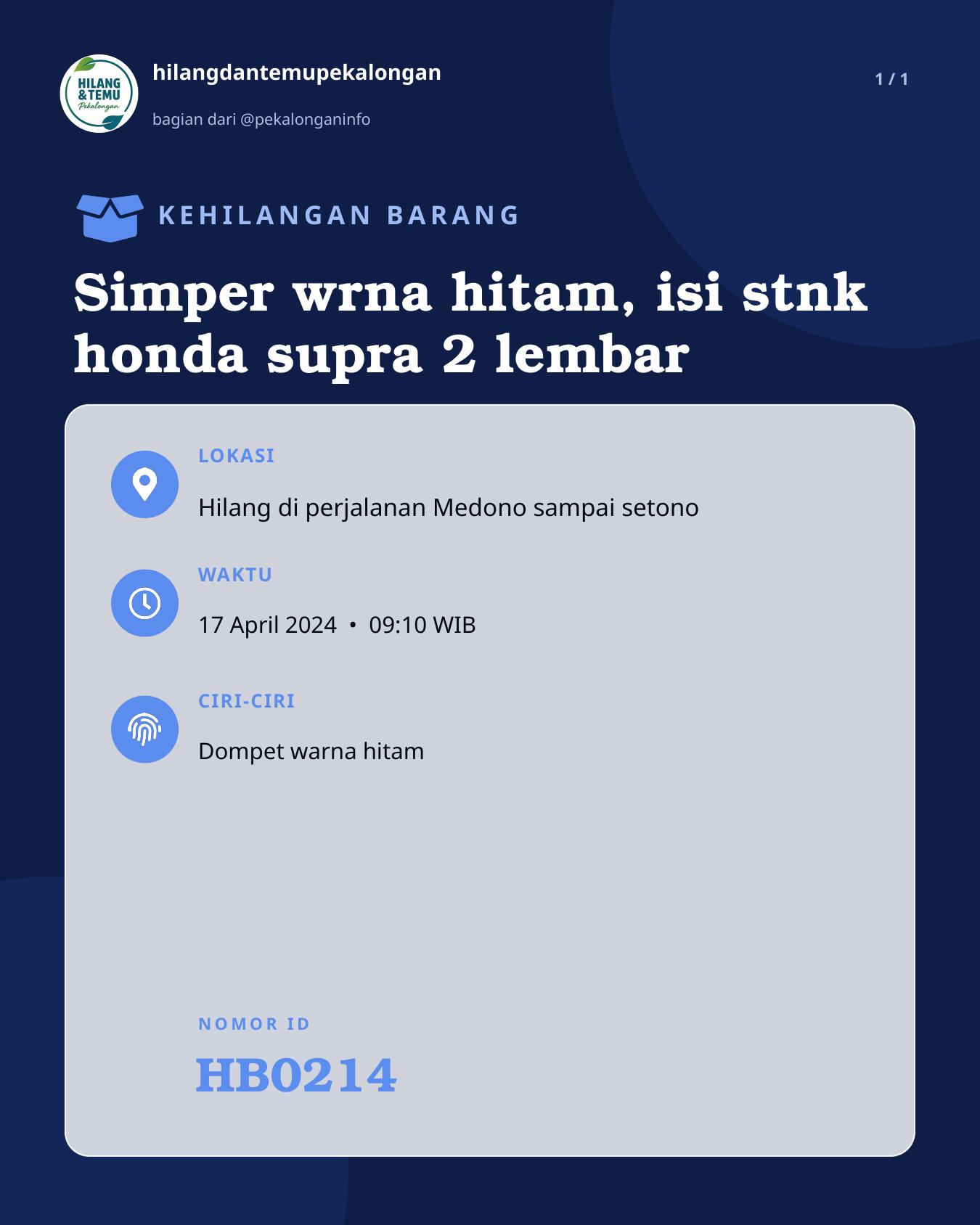 Slide laporan Simper wrna hitam, isi stnk honda supra 2 lembar (HB0214)