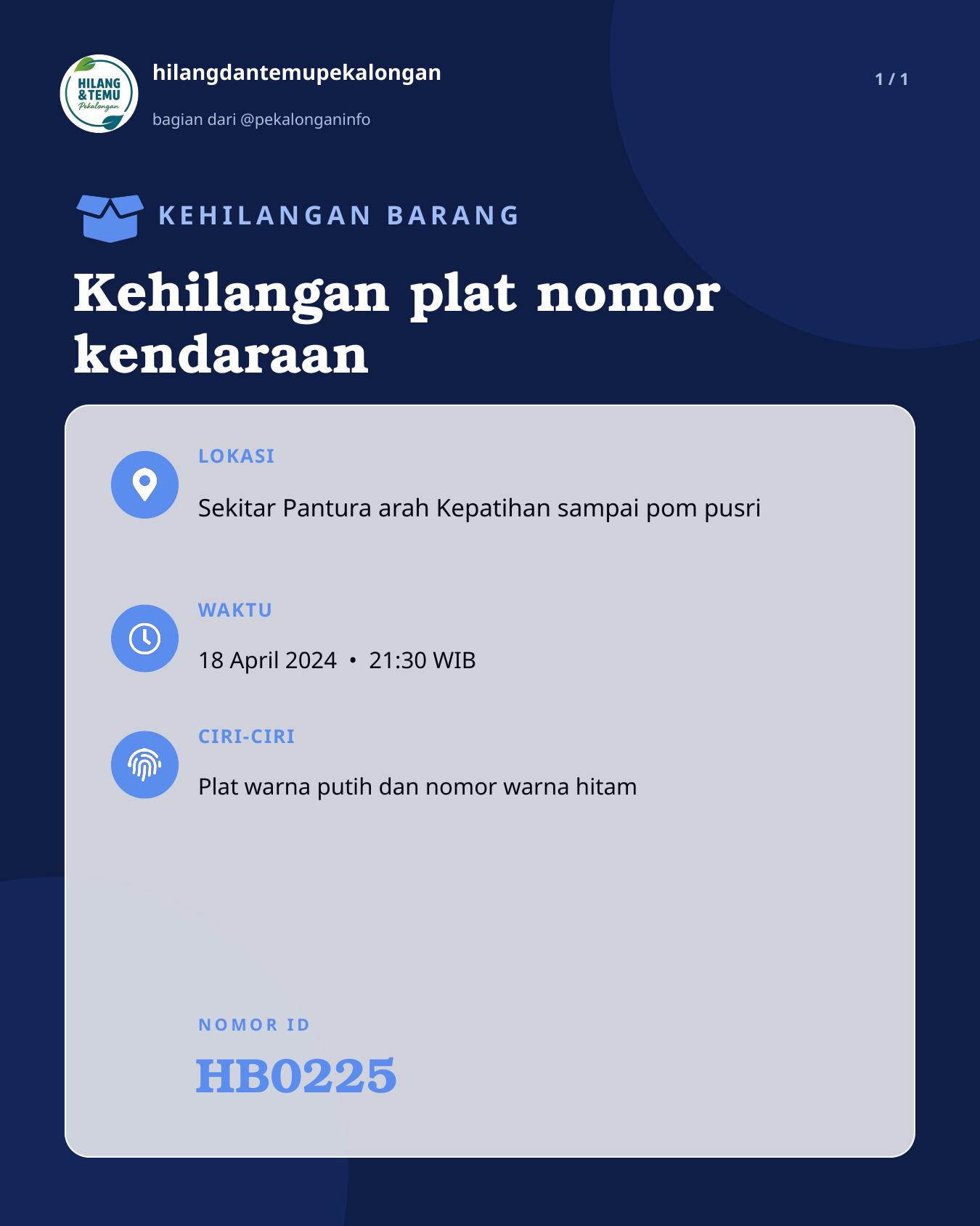 Slide laporan Kehilangan plat nomor kendaraan (HB0225)