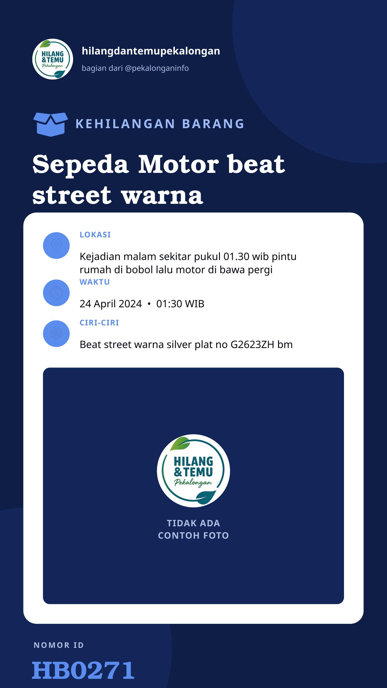 Story 9:16 laporan Sepeda Motor beat street warna silver