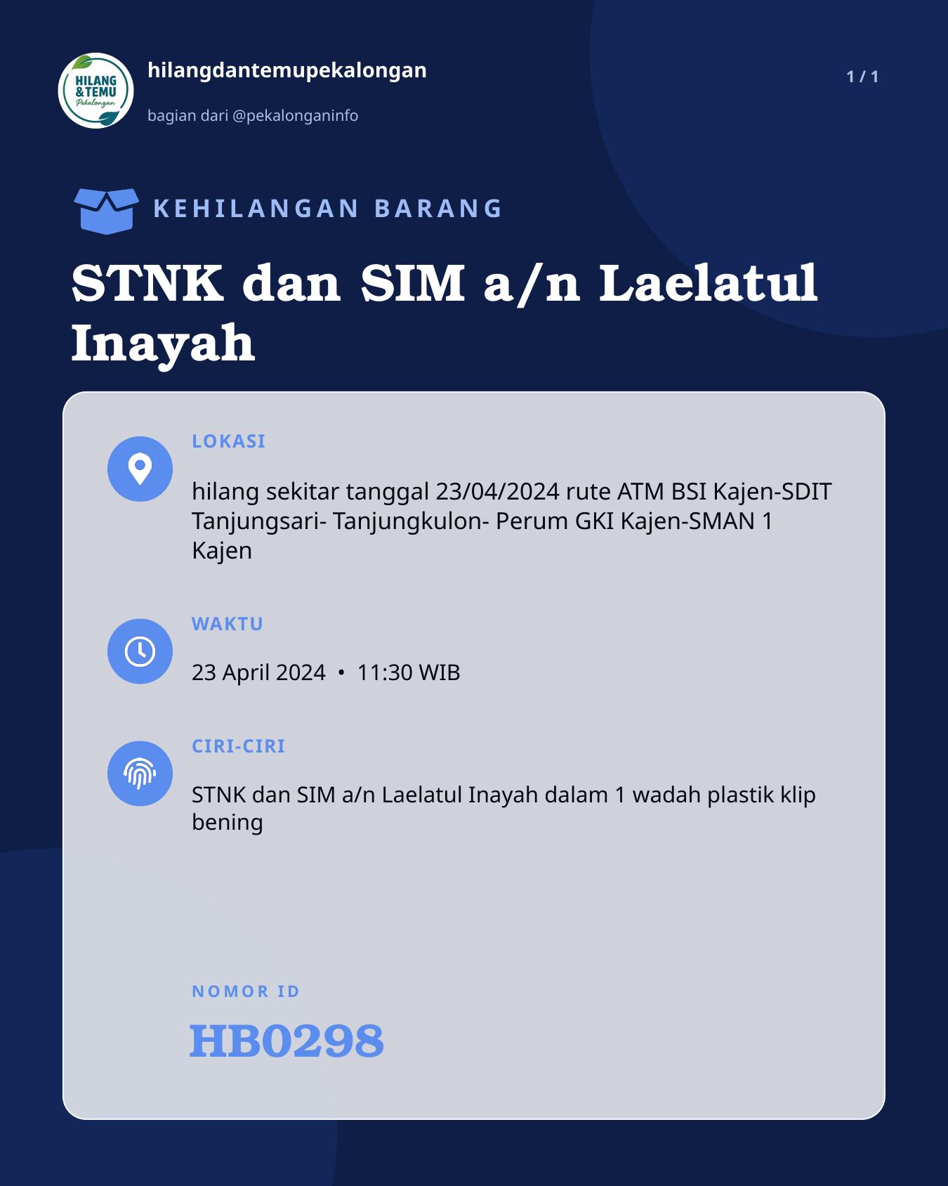 Slide laporan STNK dan SIM a/n Laelatul Inayah (HB0298)