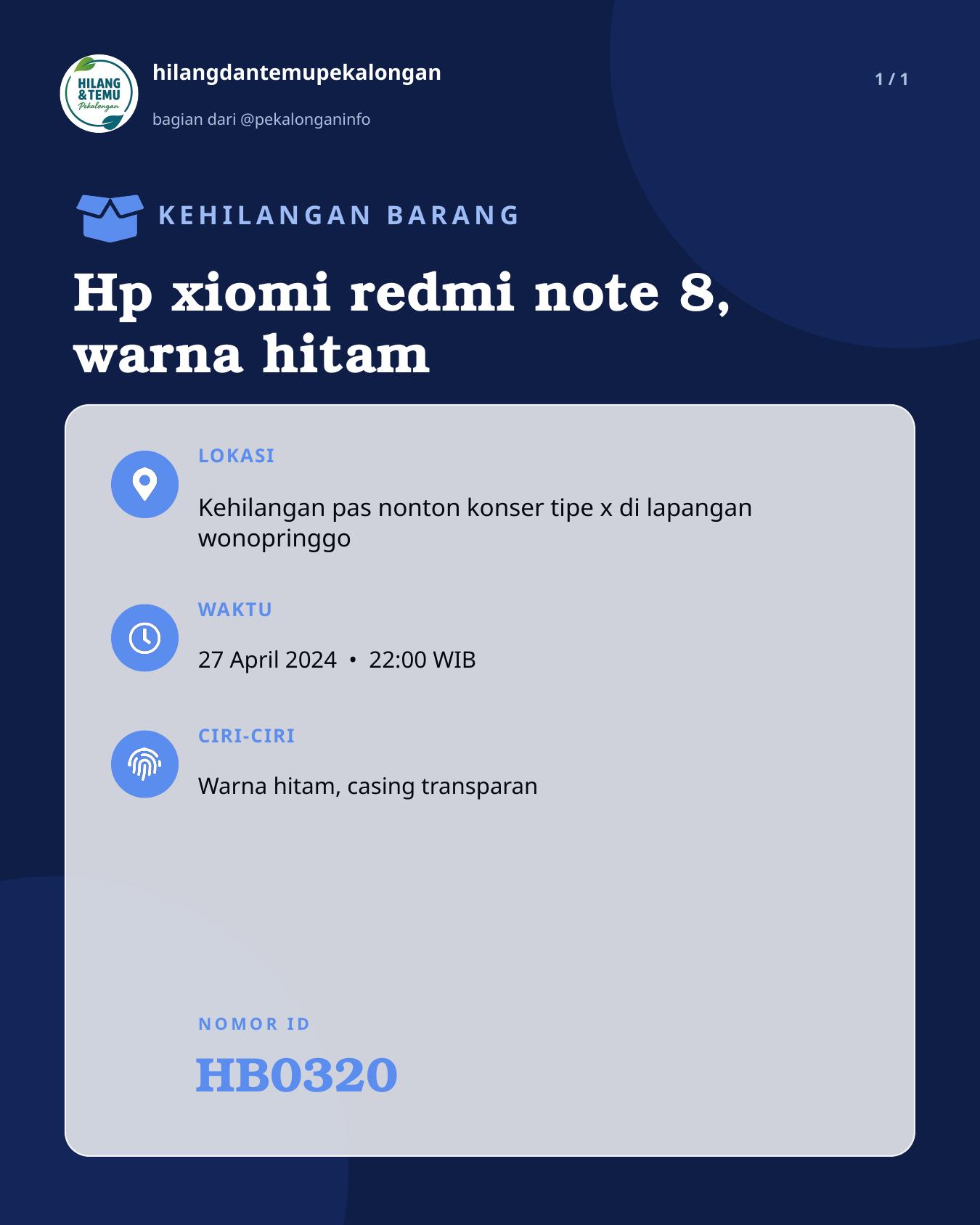 Slide laporan Hp xiomi redmi note 8, warna hitam (HB0320)
