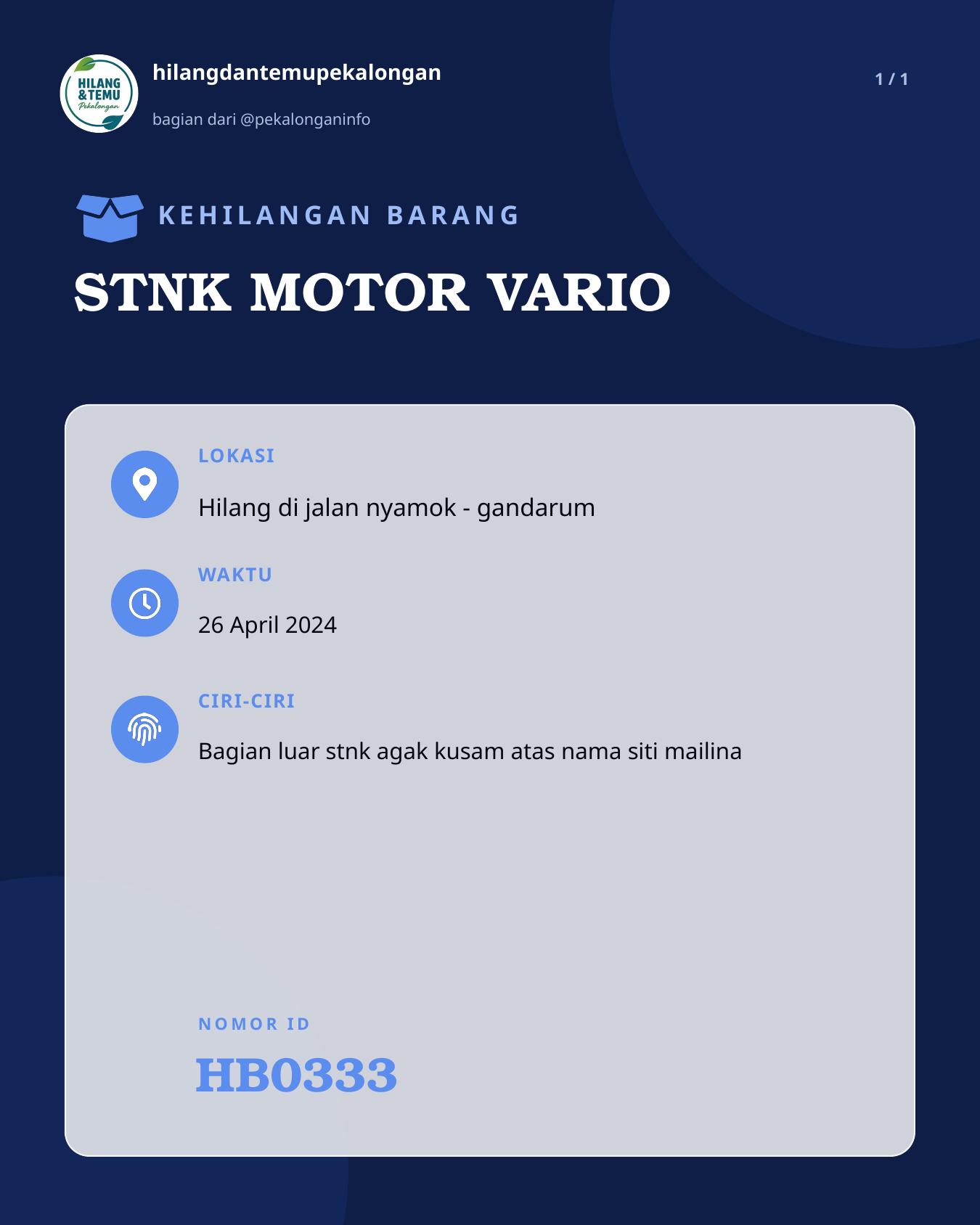 Slide laporan STNK MOTOR VARIO (HB0333)