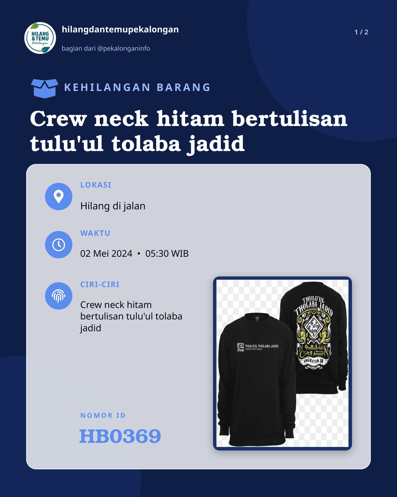 Slide 1 laporan Crew neck hitam bertulisan tulu'ul tolaba jadid