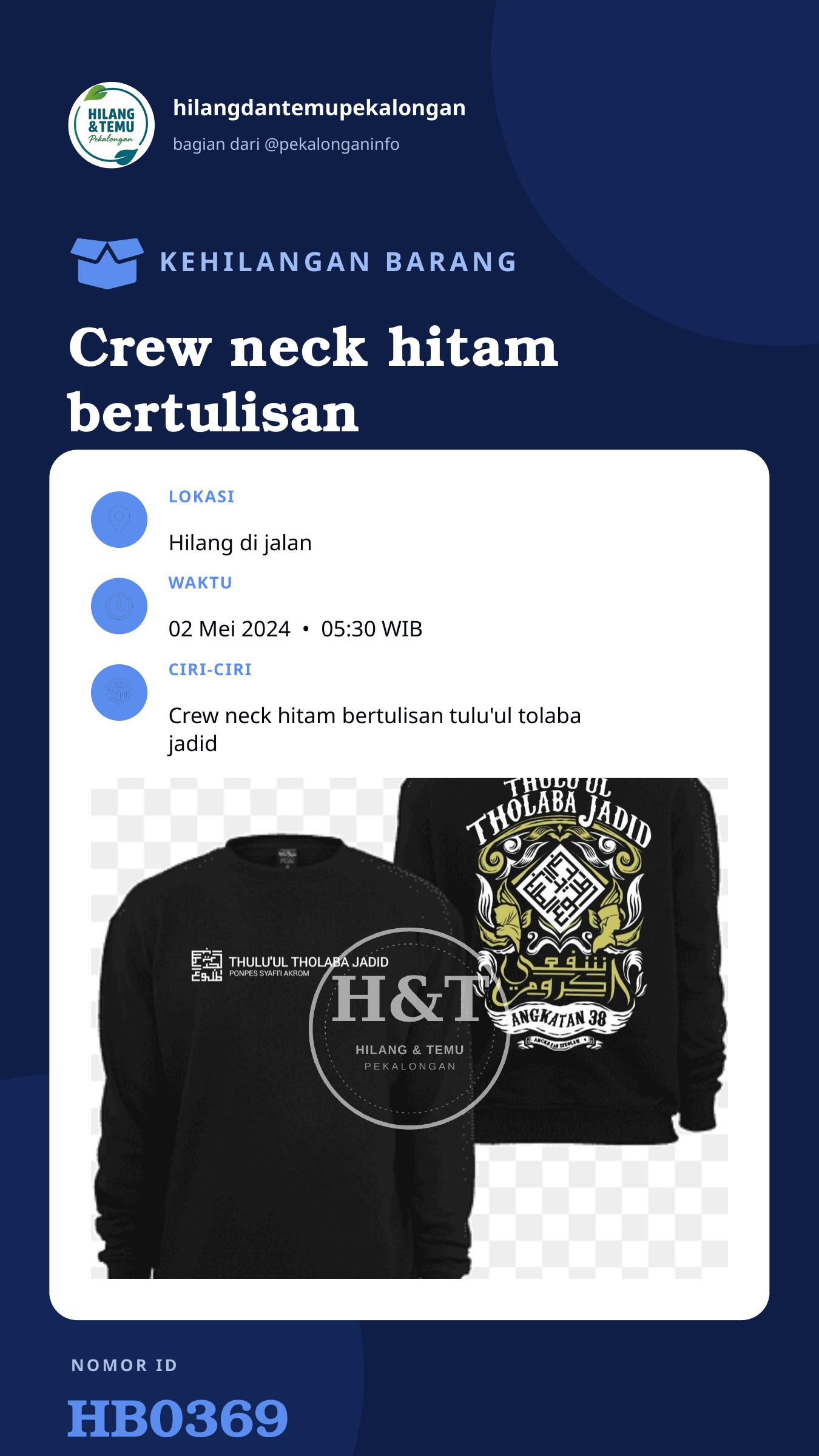 Story 9:16 laporan Crew neck hitam bertulisan tulu'ul tolaba jadid