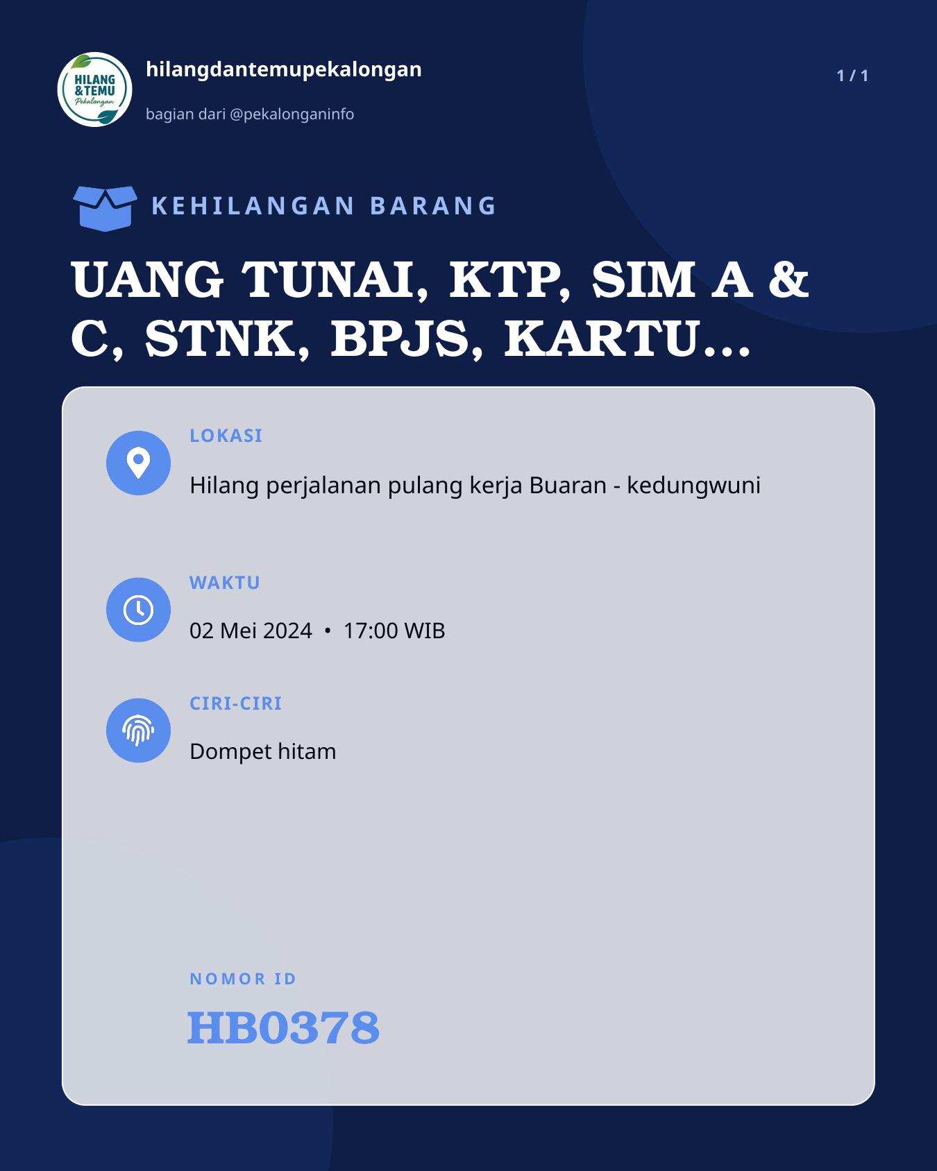 Slide laporan UANG TUNAI, KTP, SIM A & C, STNK, BPJS, KARTU ATM (HB0378)