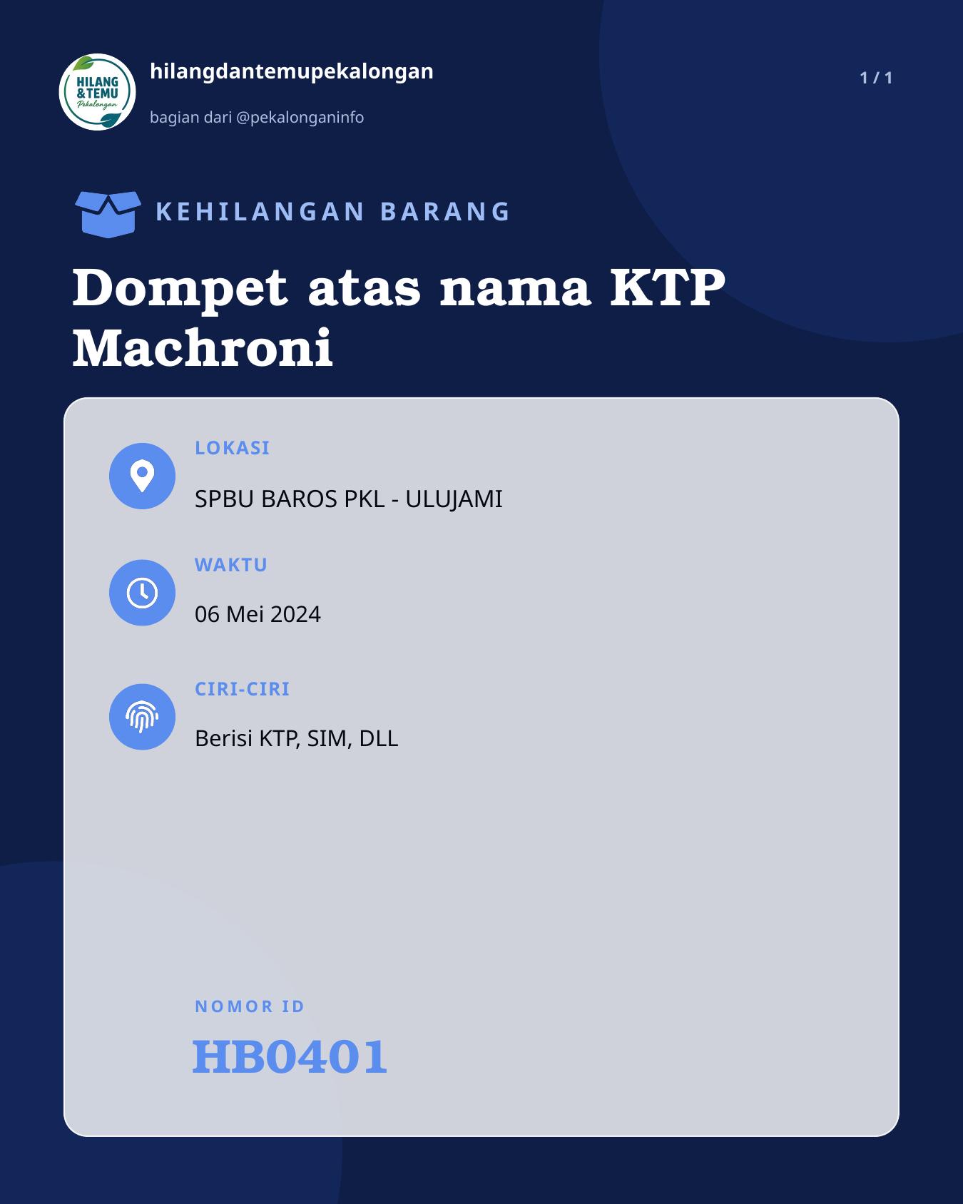 Slide laporan Dompet atas nama KTP Machroni (HB0401)