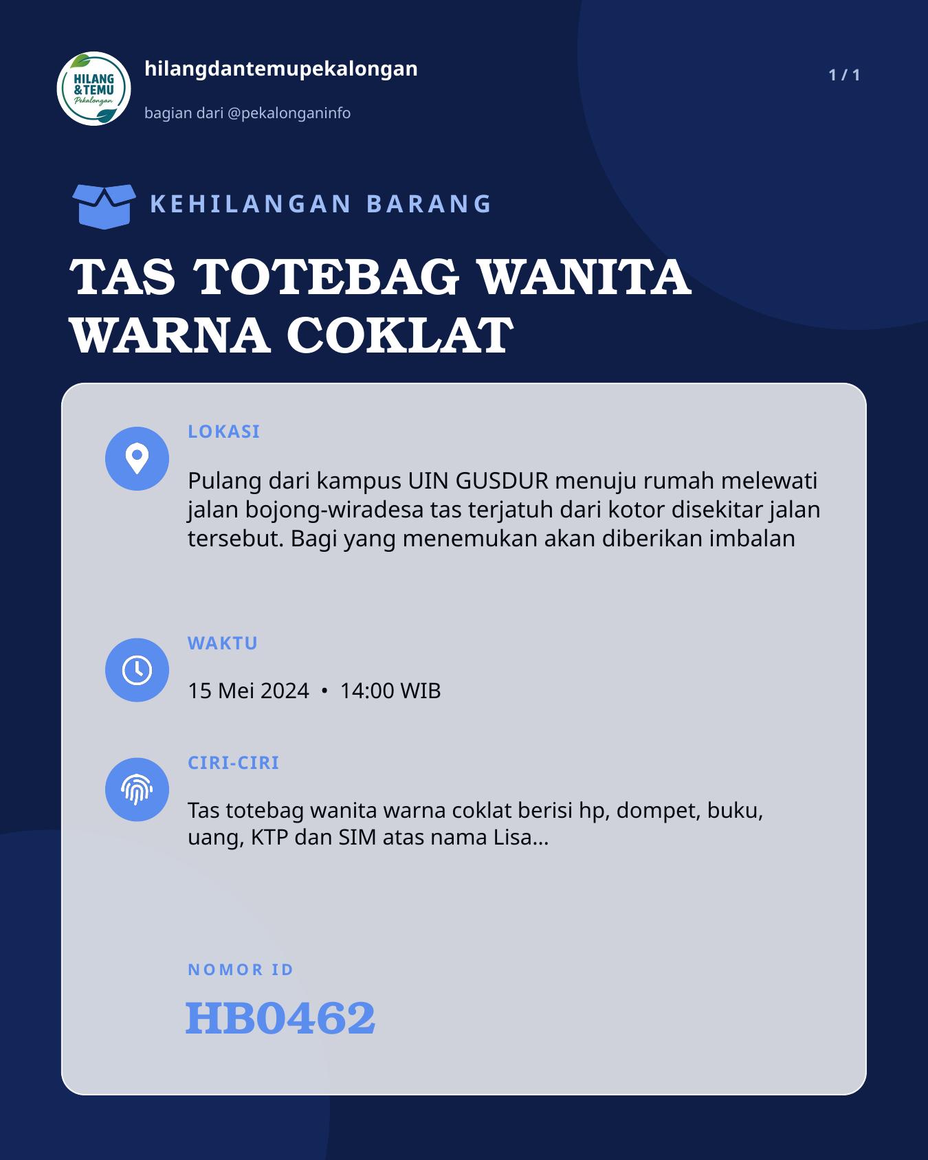 Slide laporan TAS TOTEBAG WANITA WARNA COKLAT (HB0462)