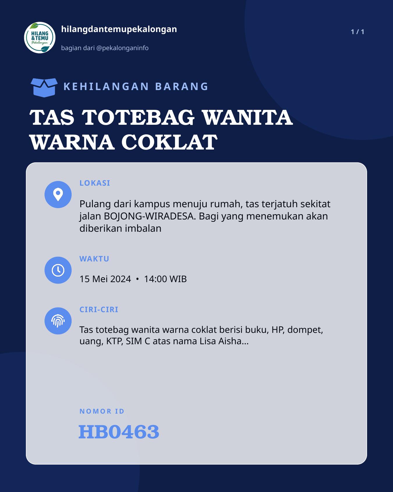 Slide laporan TAS TOTEBAG WANITA WARNA COKLAT (HB0463)