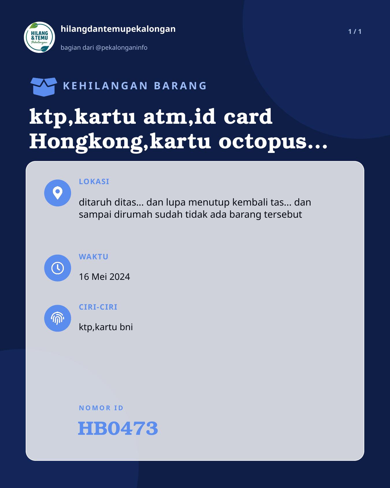 Slide laporan ktp,kartu atm,id card Hongkong,kartu octopus, kartu toko basa (HB0473)