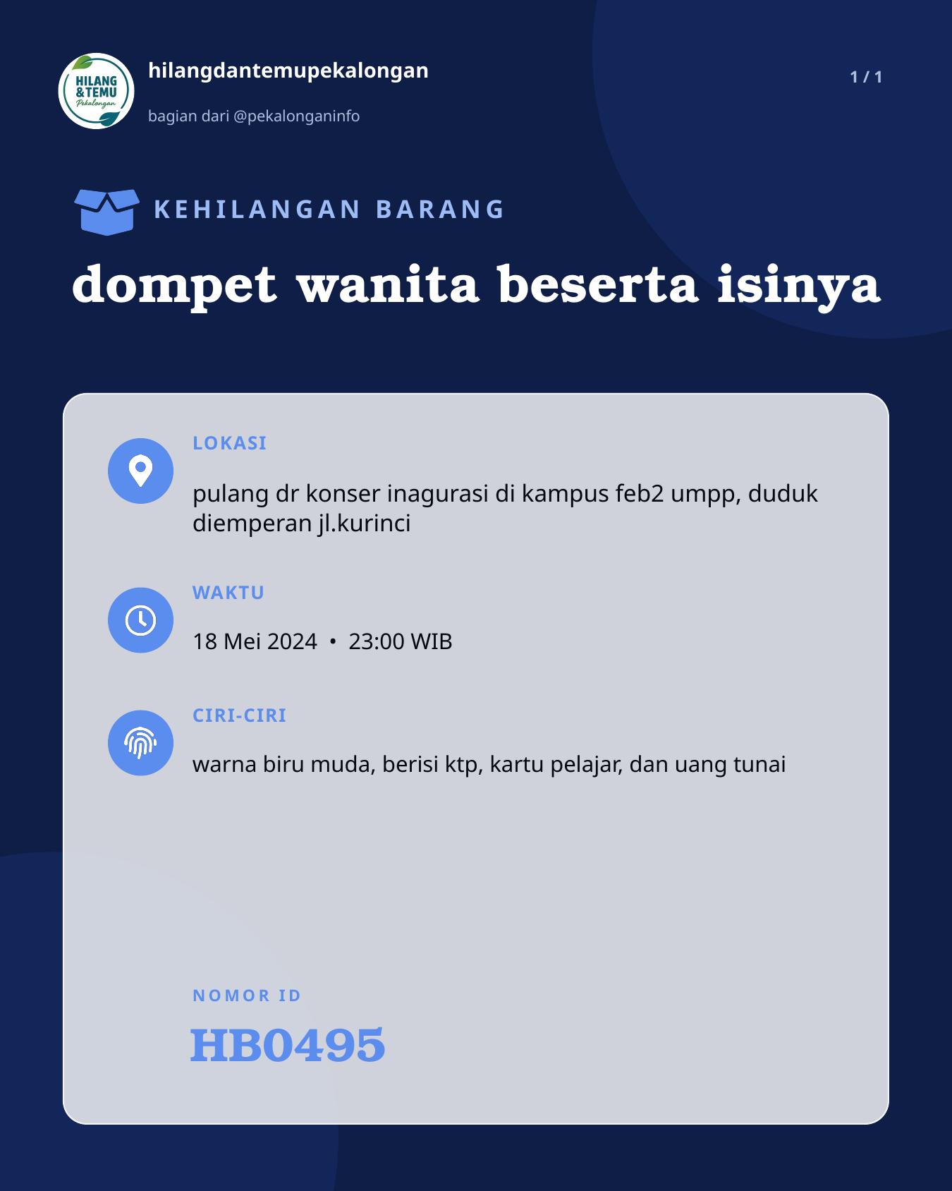 Slide laporan dompet wanita beserta isinya (HB0495)