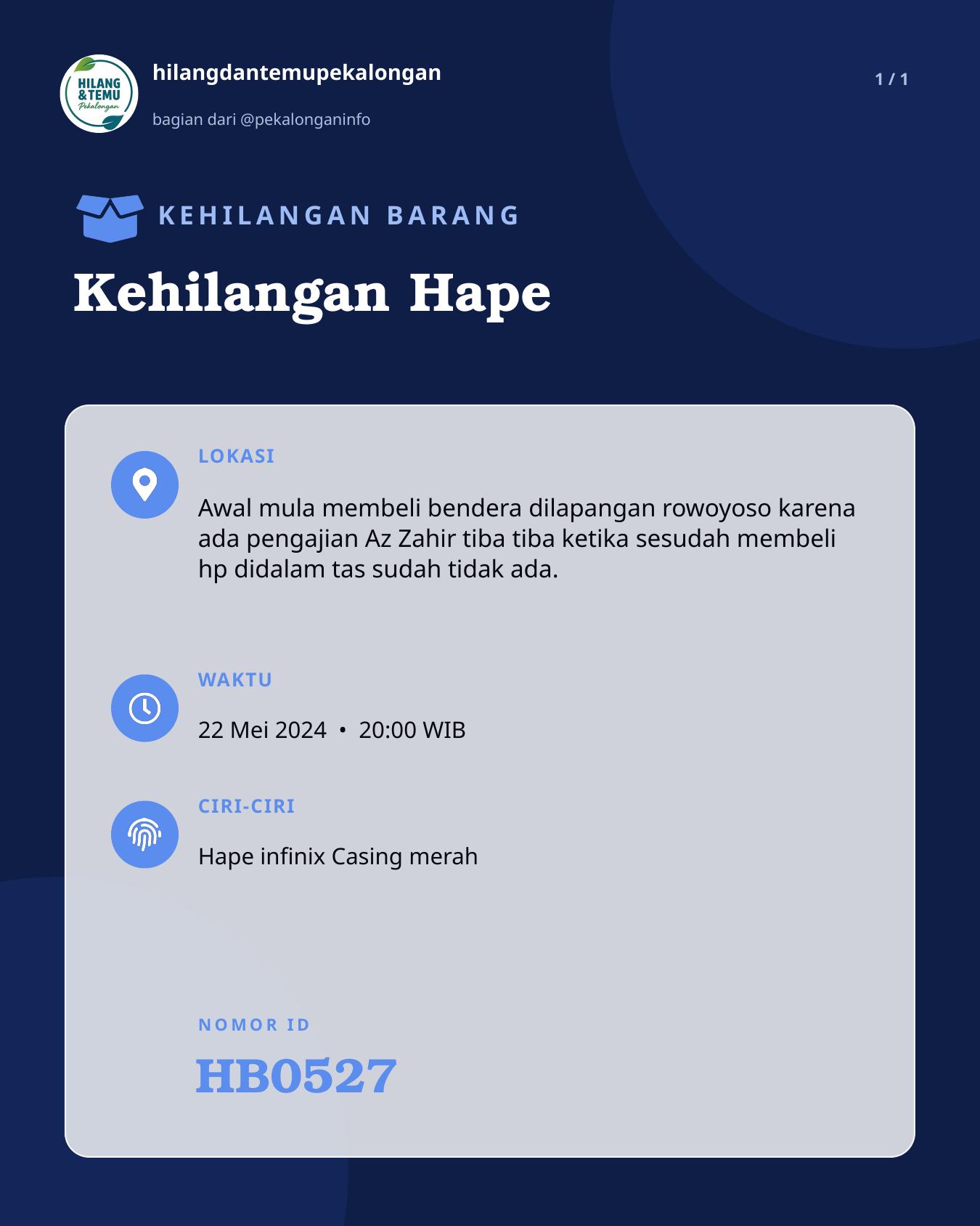 Slide laporan Kehilangan Hape (HB0527)