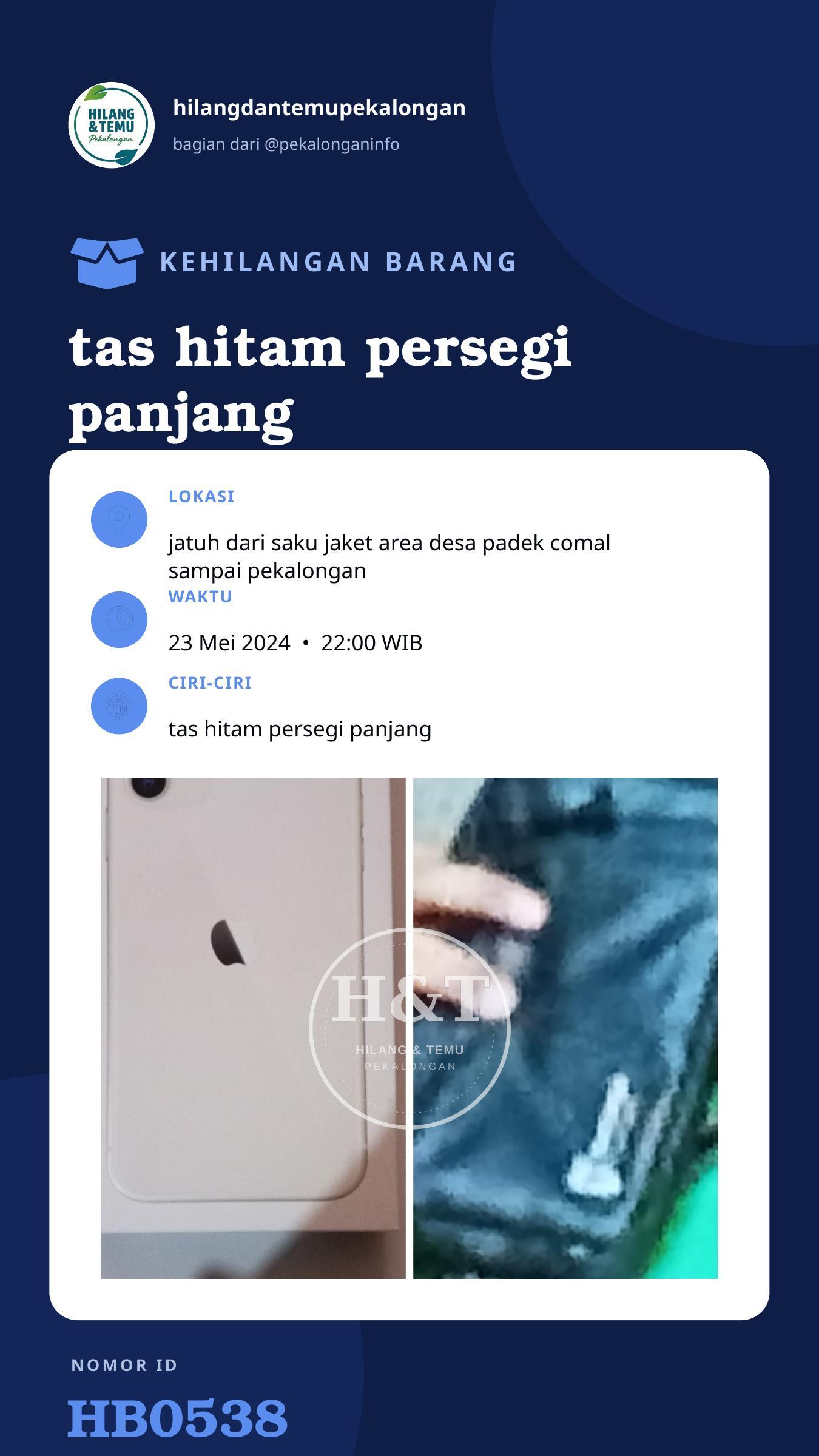 Story 9:16 laporan tas hitam persegi panjang warna hitam di dalamnya hp iPhone11 warna putih cassing putih sama ktp