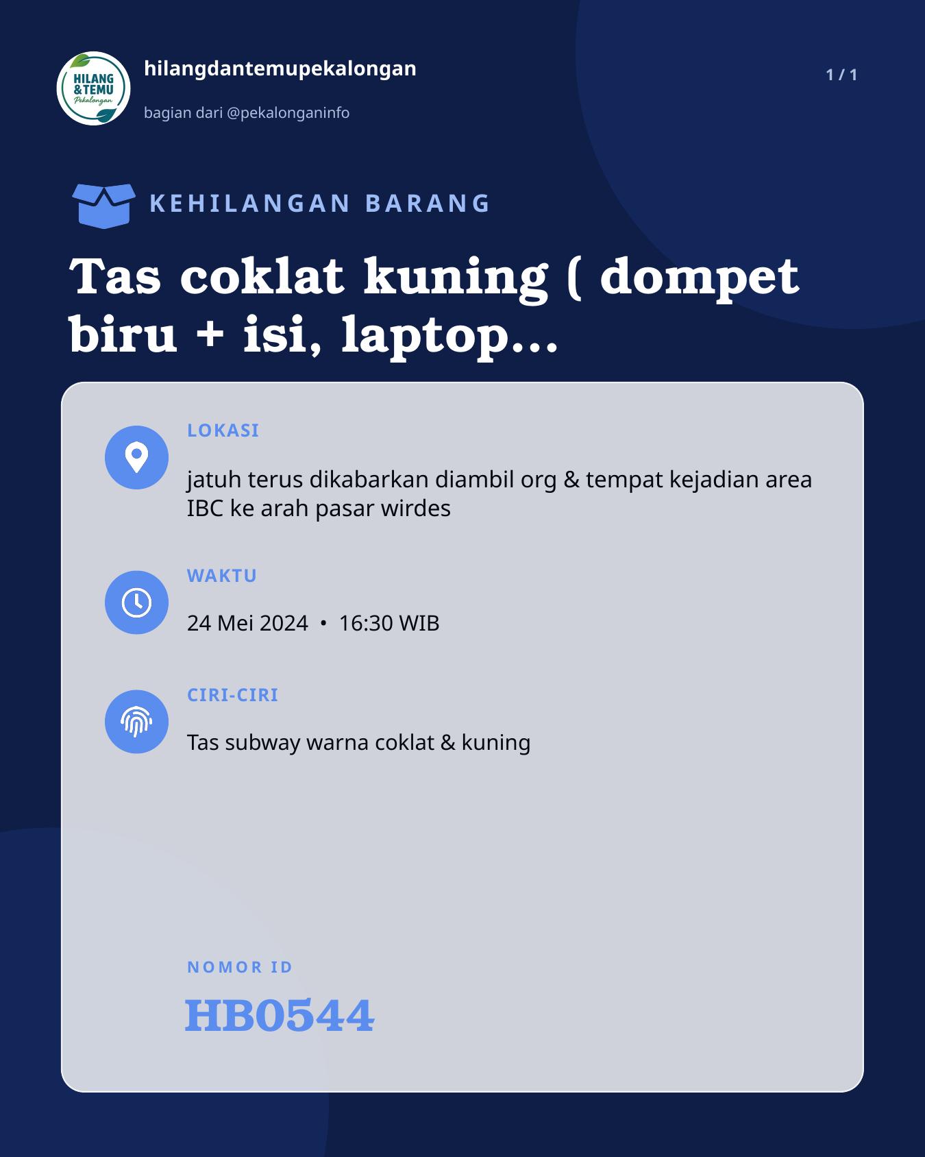 Slide laporan Tas coklat kuning ( dompet biru + isi, laptop, Tumblr biru, hp realme 5i Aqua blue) (HB0544)