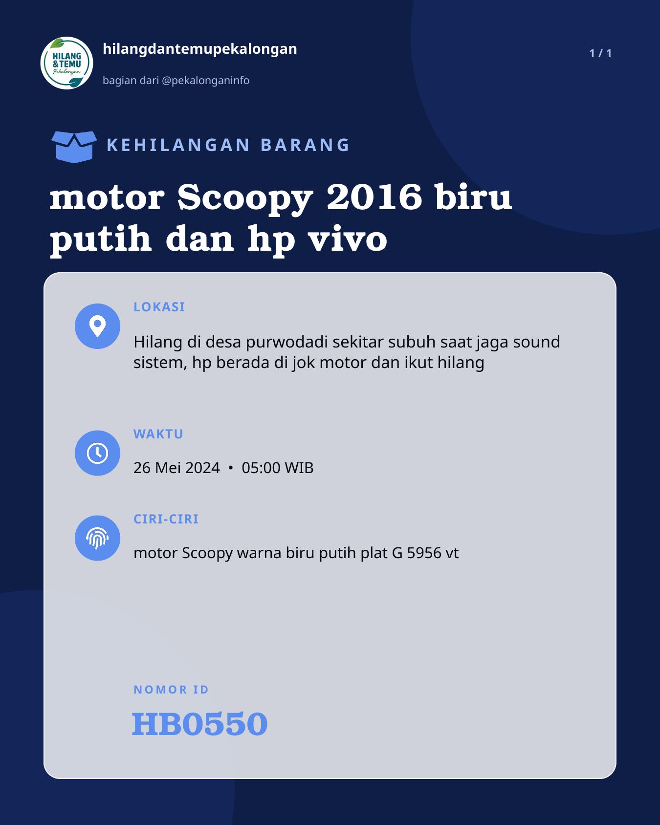 Slide laporan motor Scoopy 2016 biru putih dan hp vivo (HB0550)