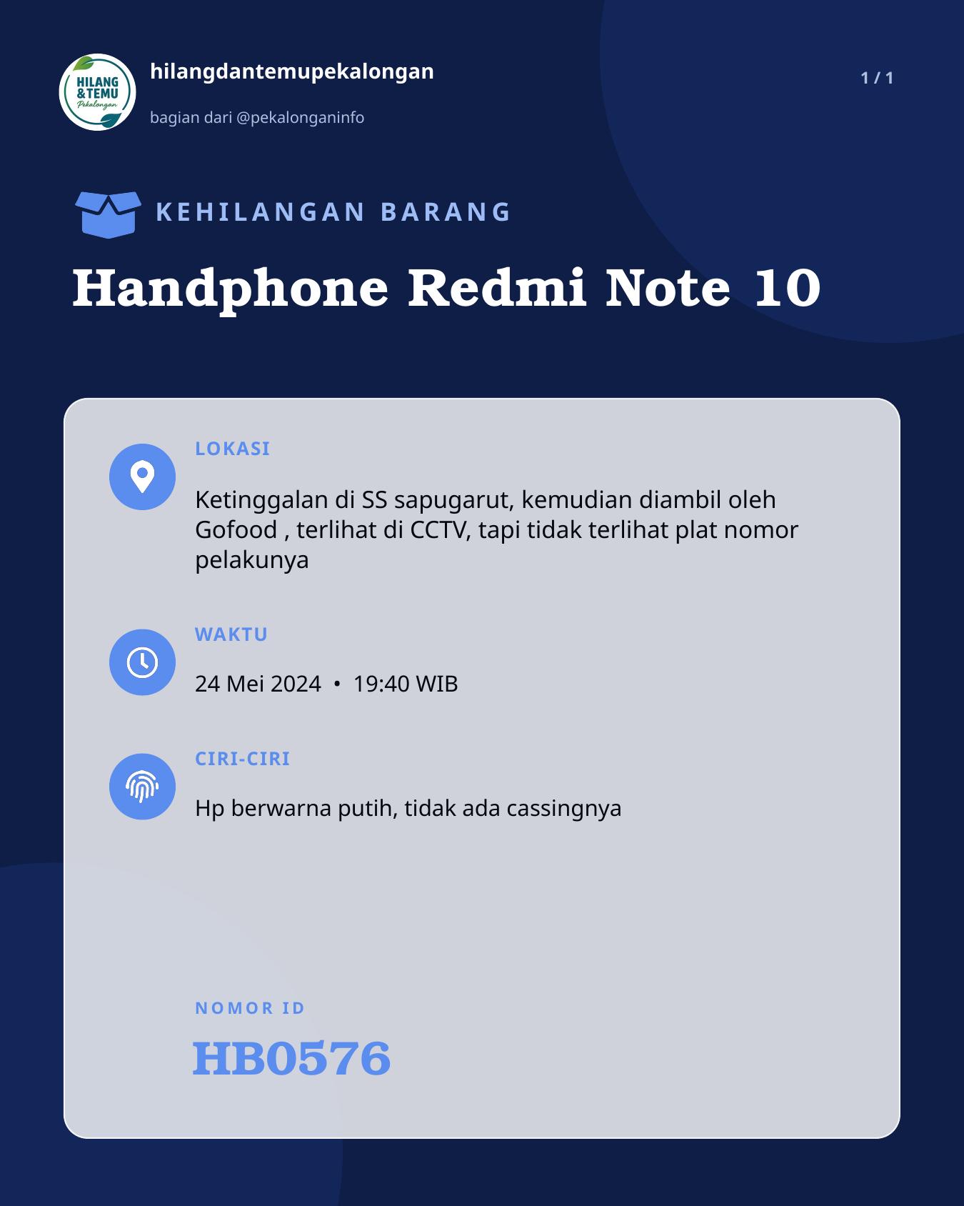 Slide laporan Handphone Redmi Note 10 (HB0576)