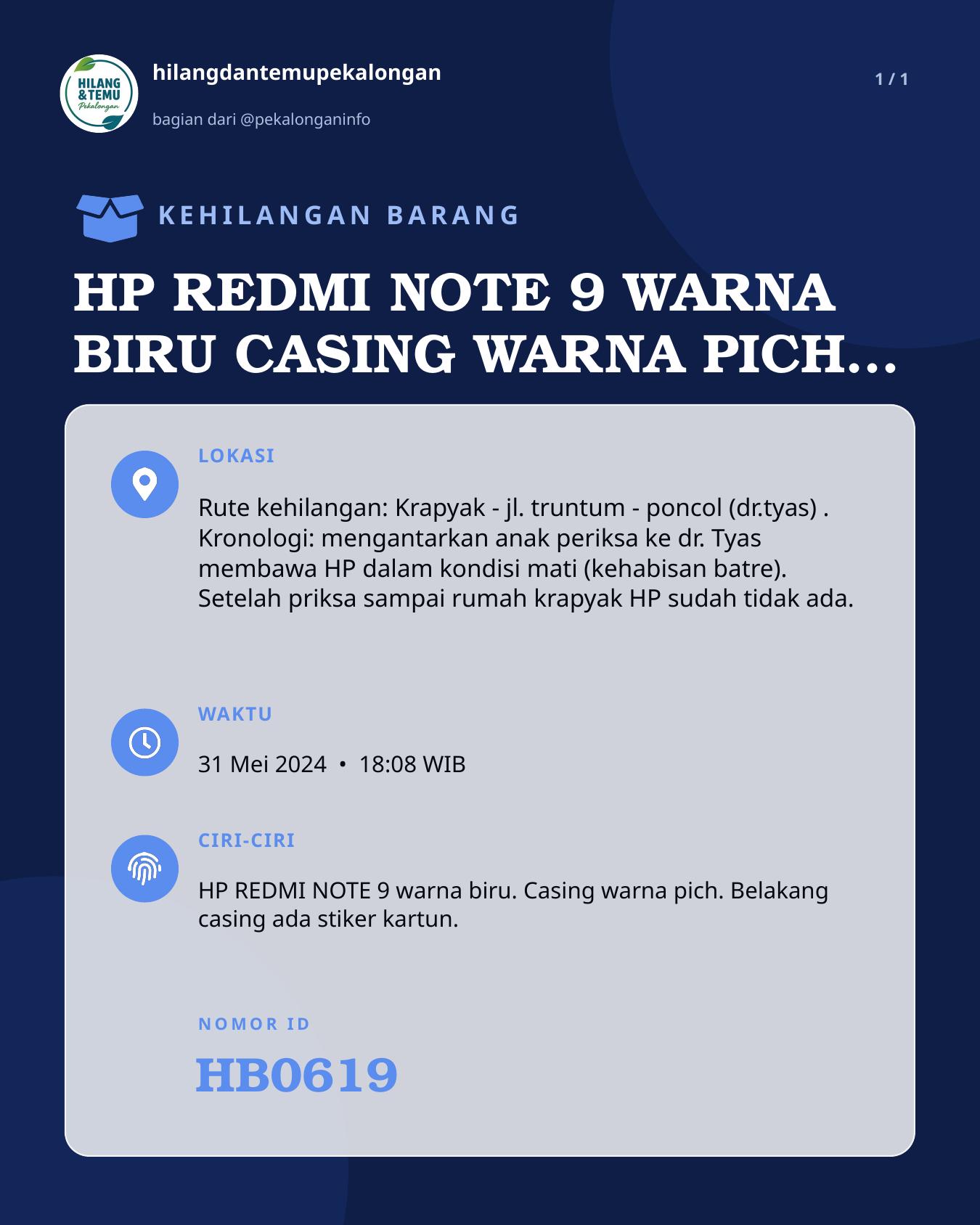 Slide laporan HP REDMI NOTE 9 WARNA BIRU CASING WARNA PICH BELAKANG CASING ADA STIKER KARTUN (HB0619)