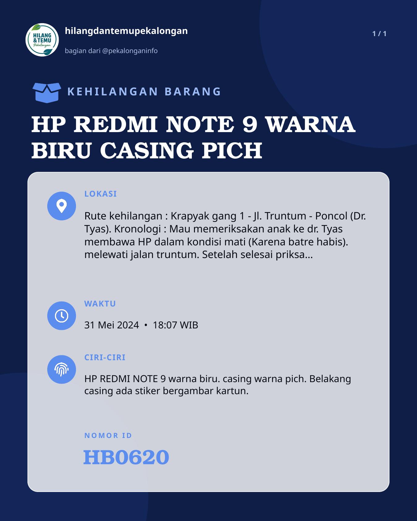 Slide laporan HP REDMI NOTE 9 WARNA BIRU CASING PICH (HB0620)