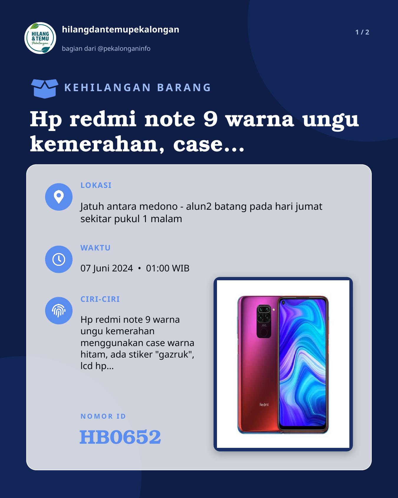 Slide 1 laporan Hp redmi note 9 warna ungu kemerahan, case warna hitam