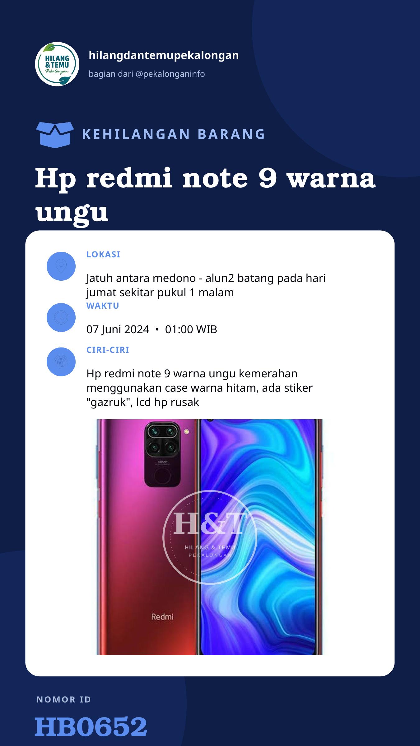 Story 9:16 laporan Hp redmi note 9 warna ungu kemerahan, case warna hitam