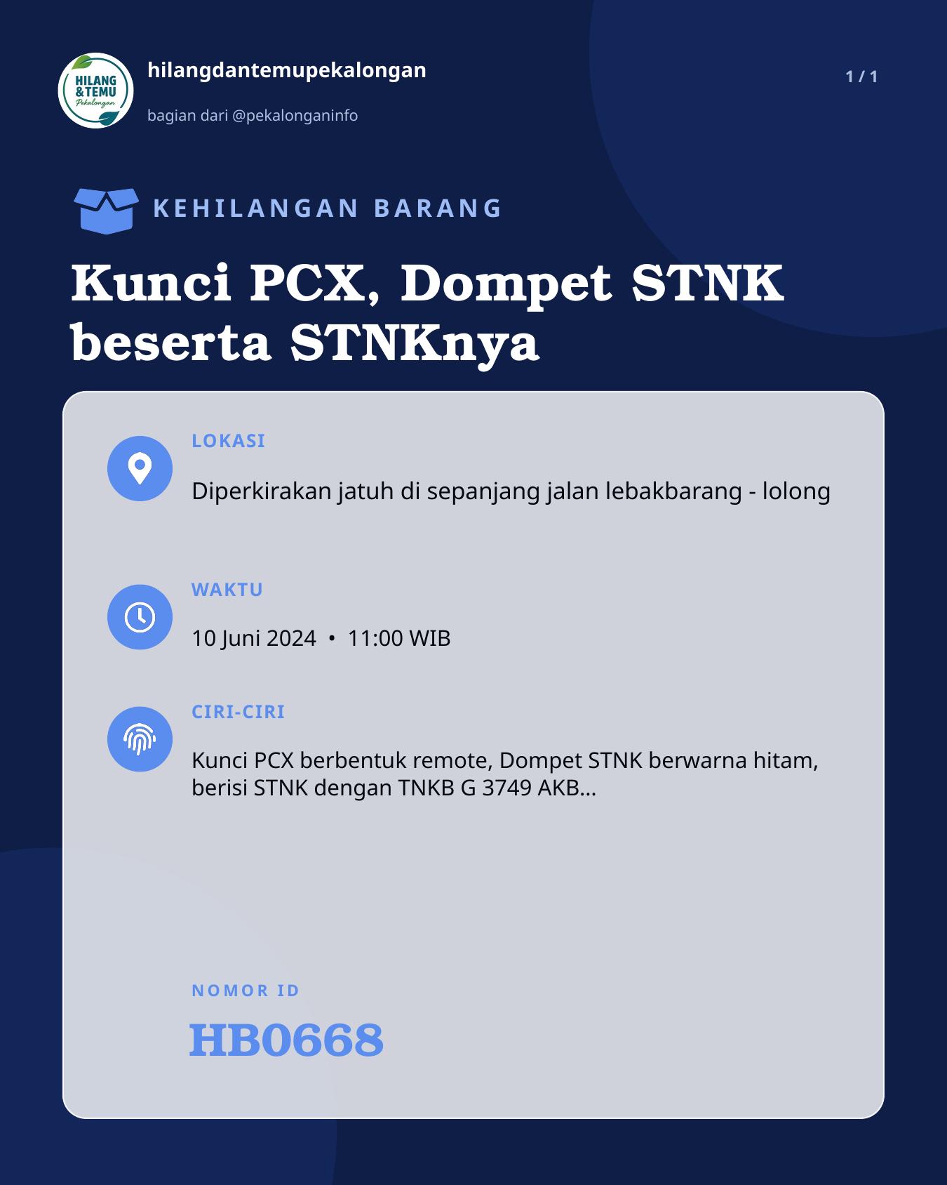 Slide laporan Kunci PCX, Dompet STNK beserta STNKnya (HB0668)