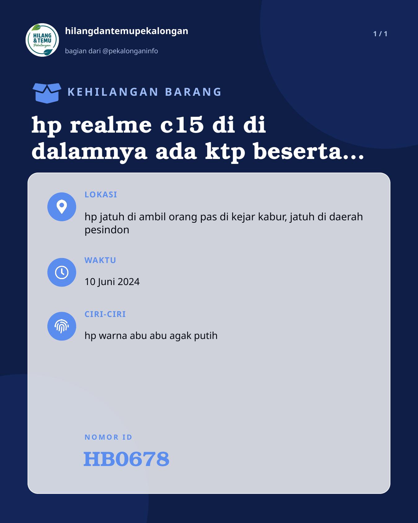 Slide laporan hp realme c15 di di dalamnya ada ktp beserta kartu atm (HB0678)