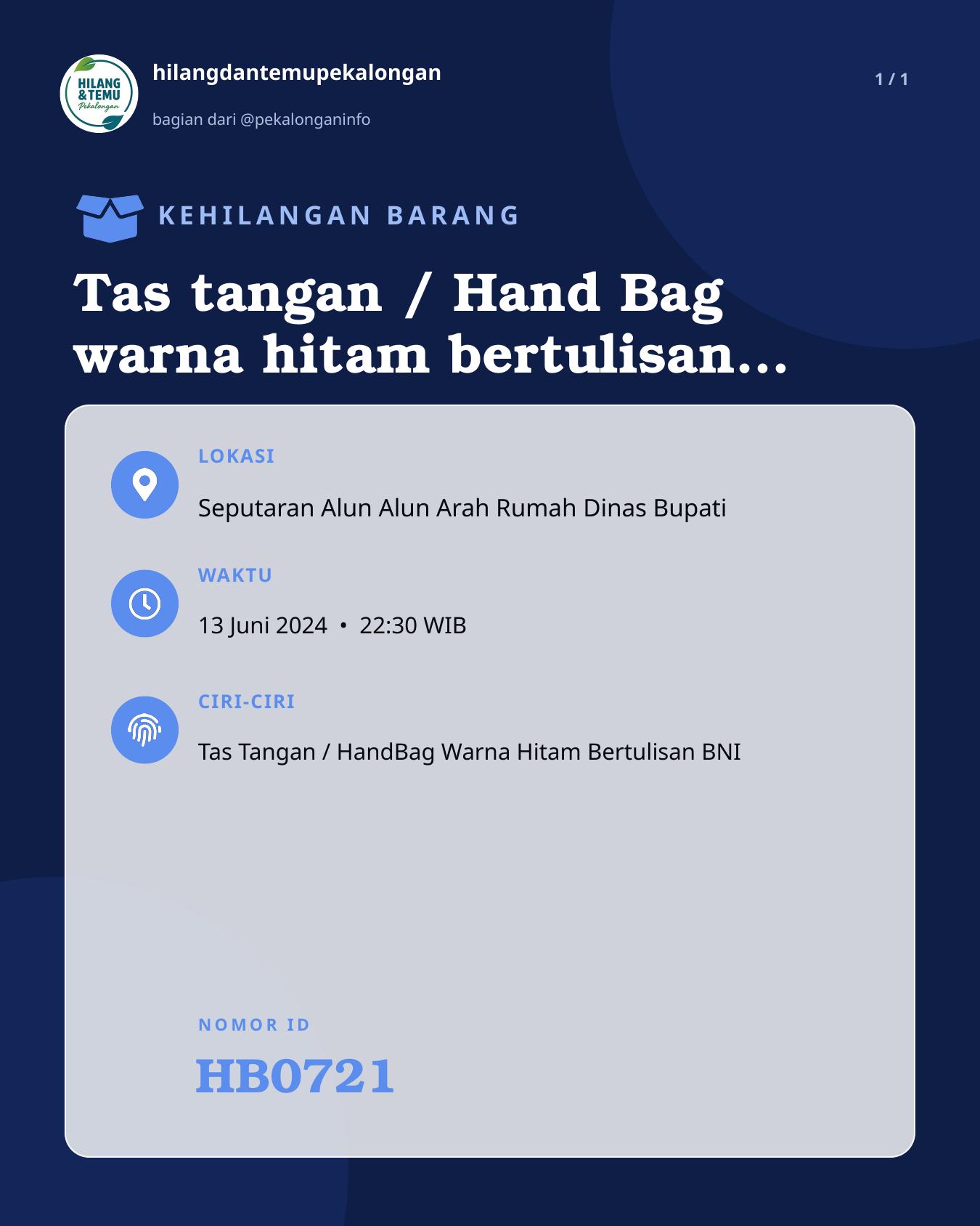 Slide laporan Tas tangan / Hand Bag warna hitam bertulisan BNI, isi KTP, SIM, ATM, NPWP & Uang Cash (HB0721)