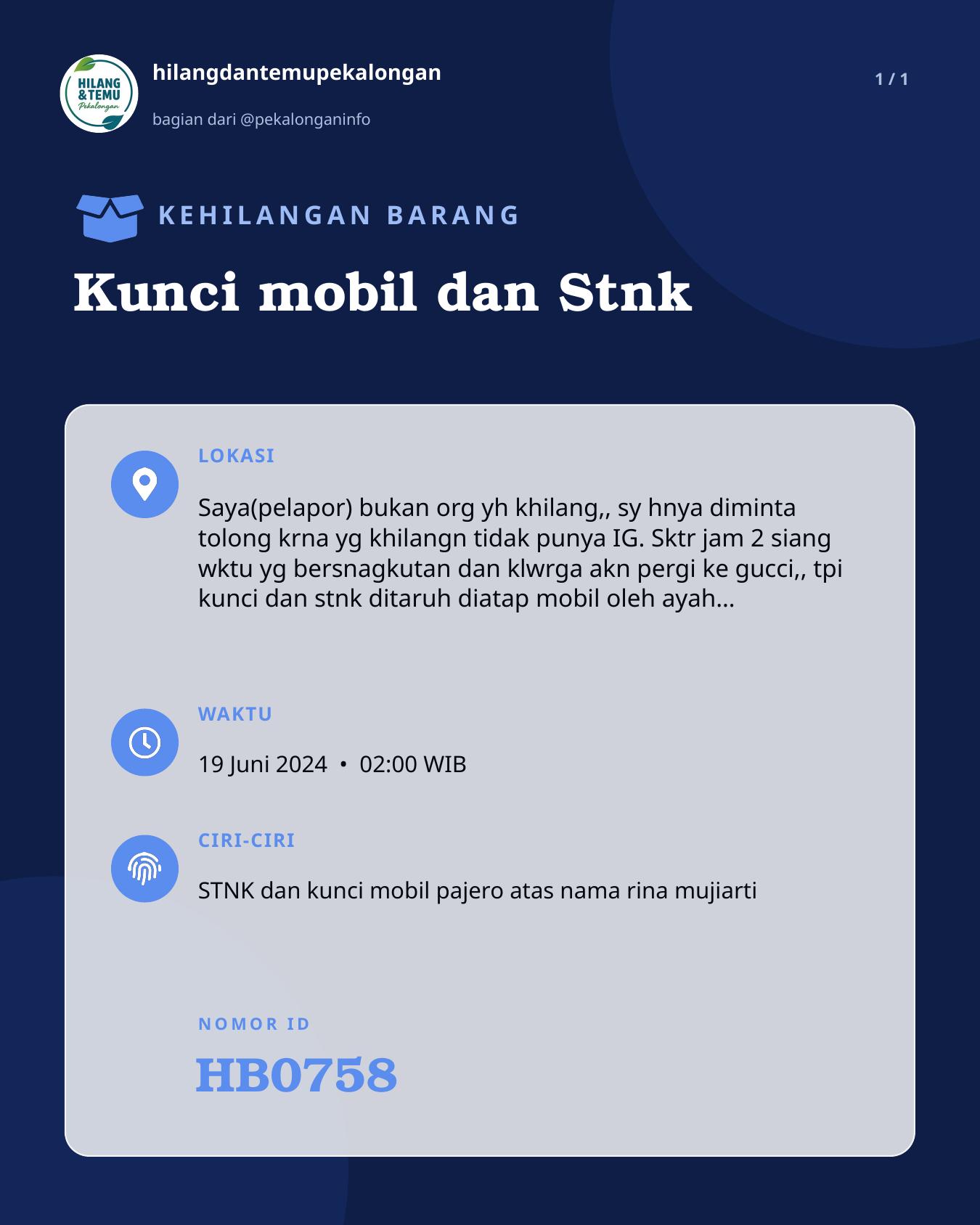 Slide laporan Kunci mobil dan Stnk (HB0758)