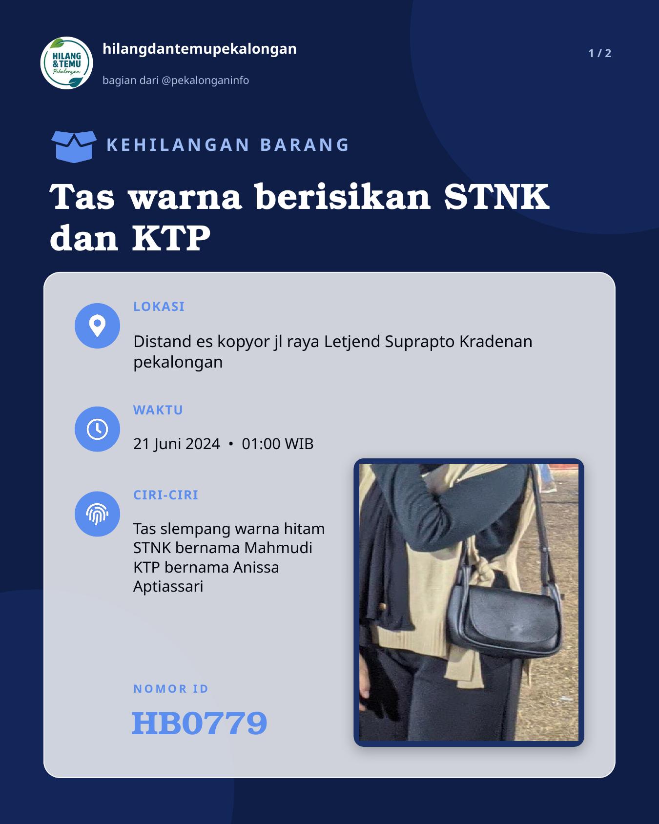 Slide 1 laporan Tas warna berisikan STNK dan KTP