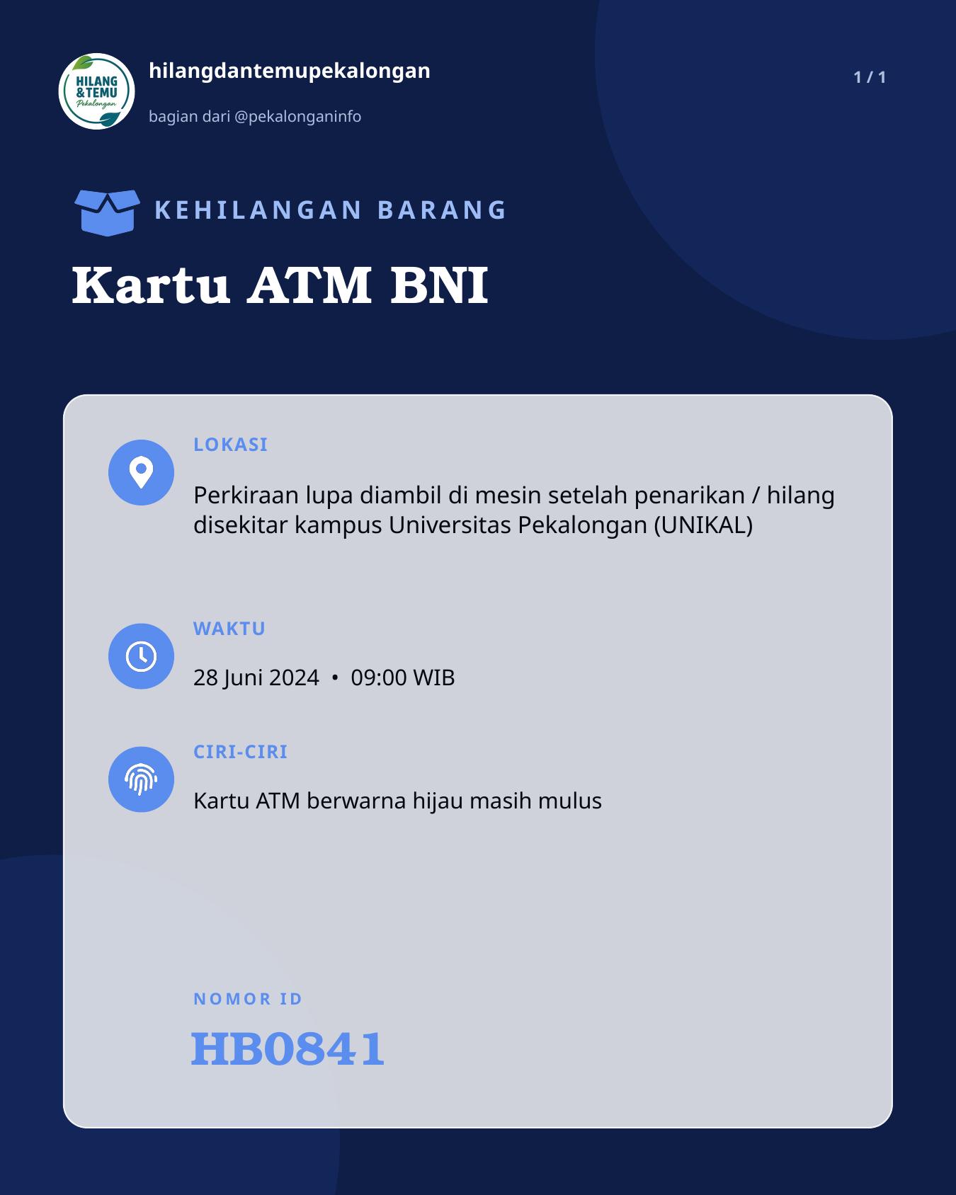 Slide laporan Kartu ATM BNI (HB0841)