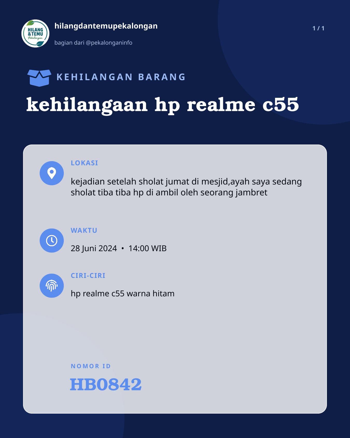 Slide laporan kehilangaan hp realme c55 (HB0842)