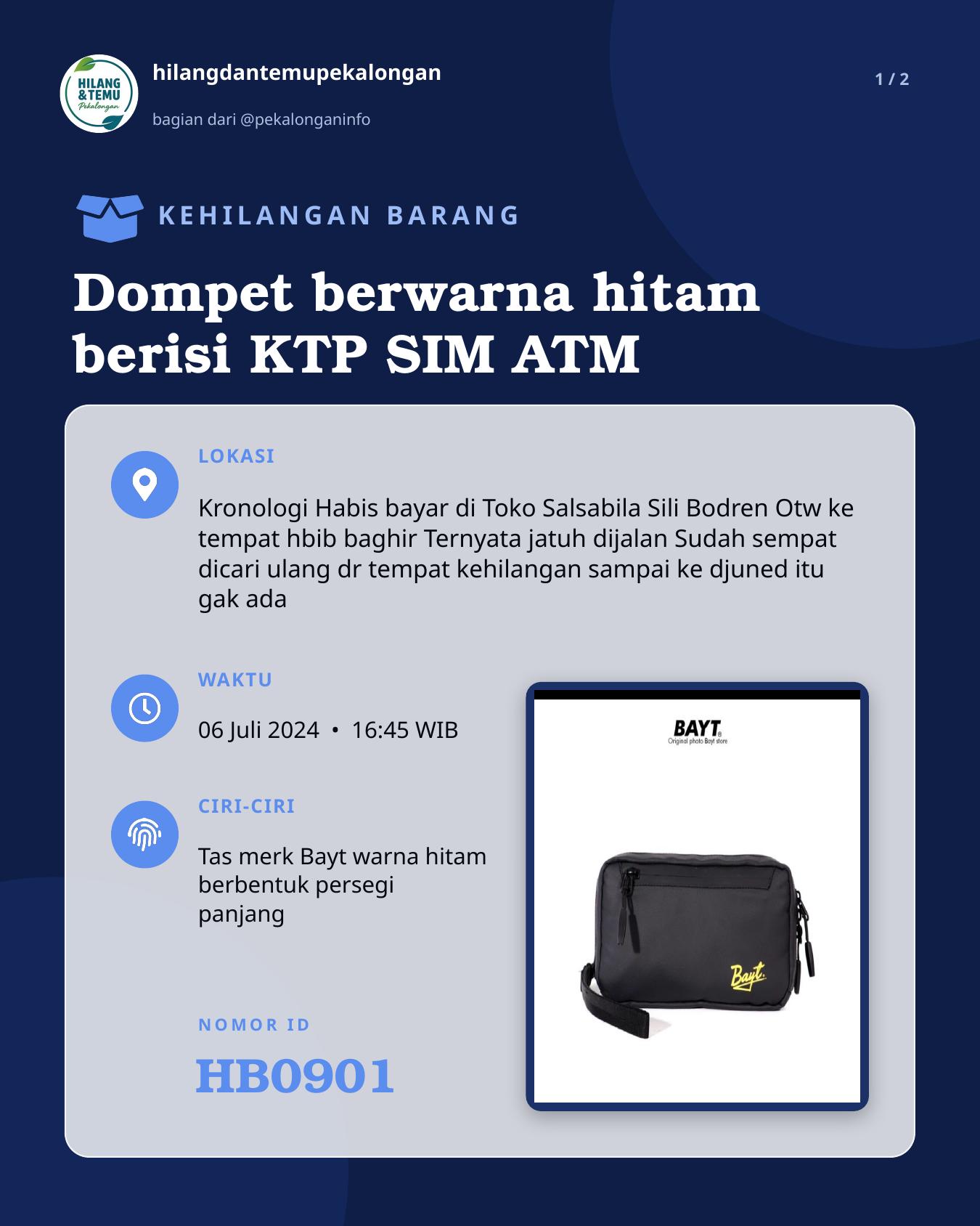 Slide 1 laporan Dompet berwarna hitam berisi KTP SIM ATM
