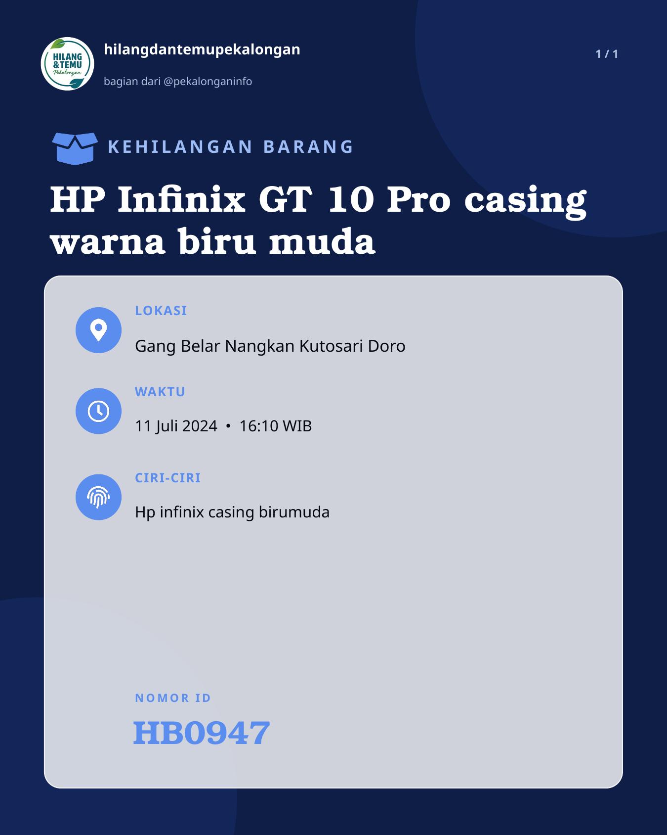 Slide laporan HP Infinix GT 10 Pro casing warna biru muda (HB0947)