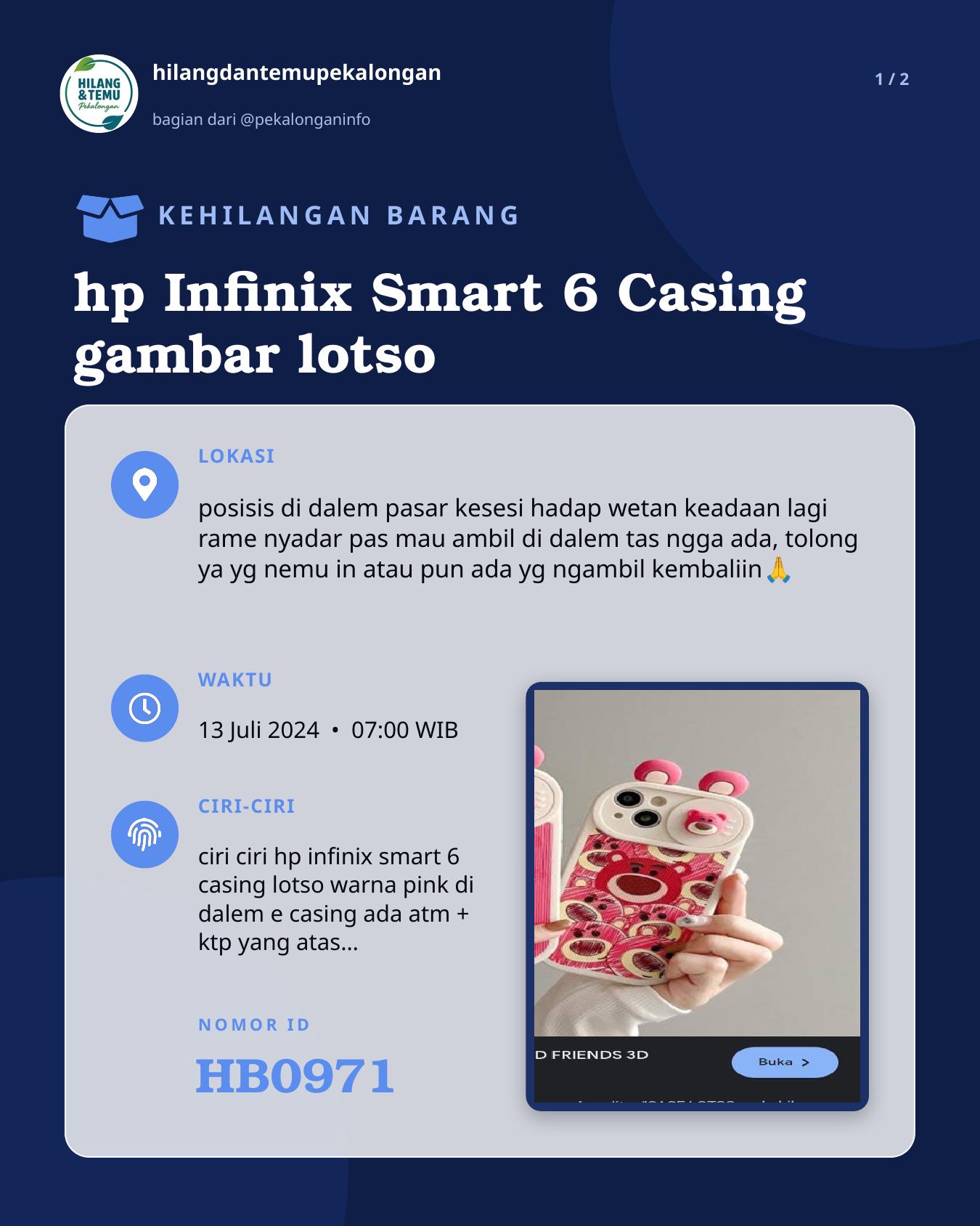 Slide 1 laporan hp Infinix Smart 6 Casing gambar lotso