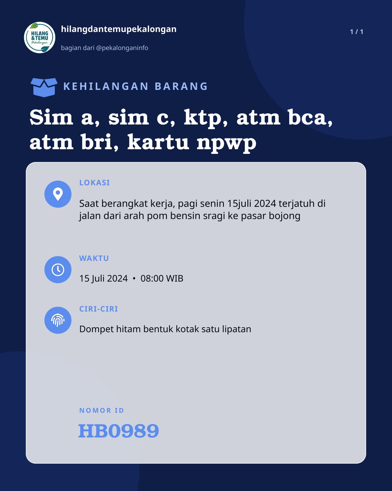 Slide laporan Sim a, sim c, ktp, atm bca, atm bri, kartu npwp (HB0989)