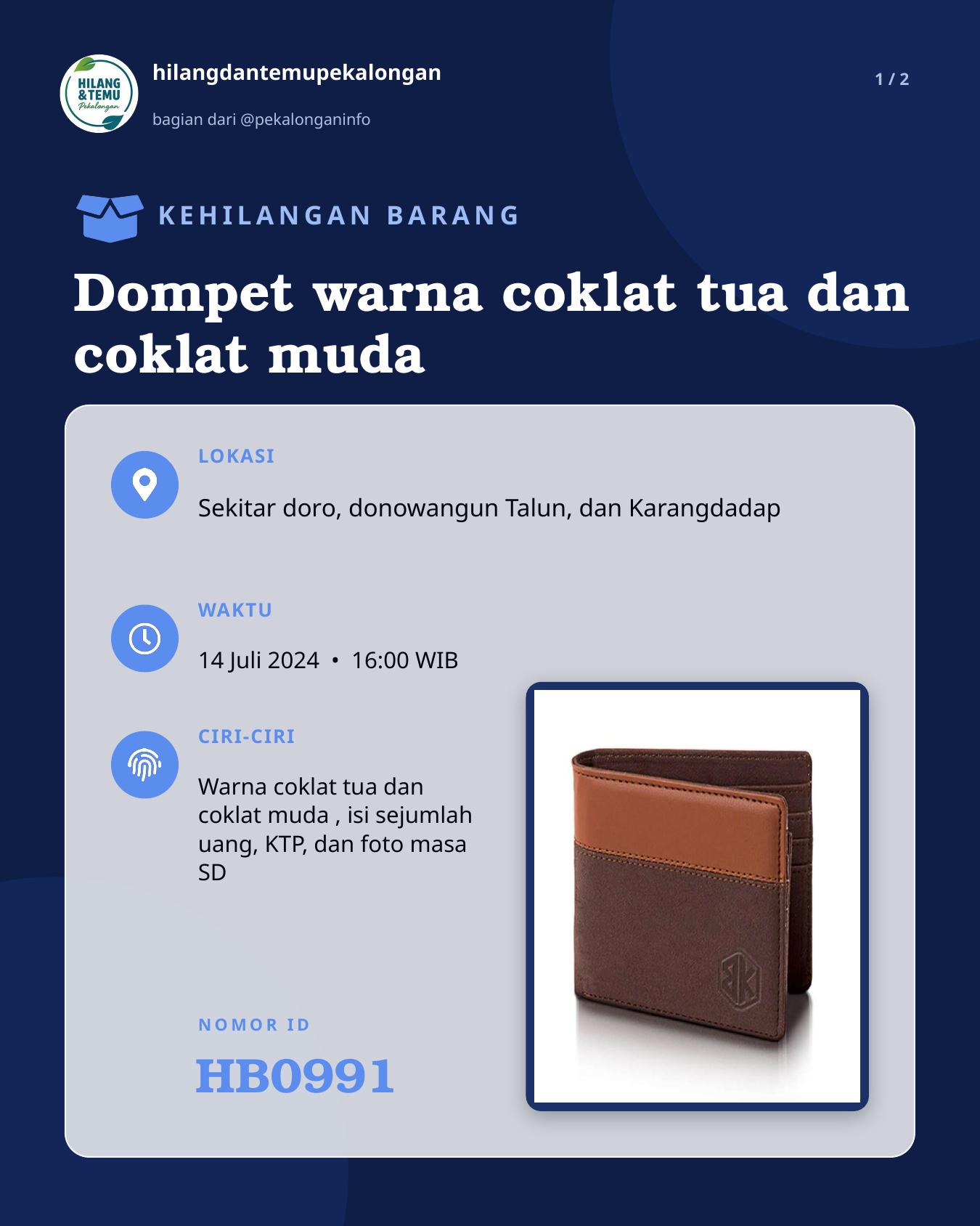Slide 1 laporan Dompet warna coklat tua dan coklat muda