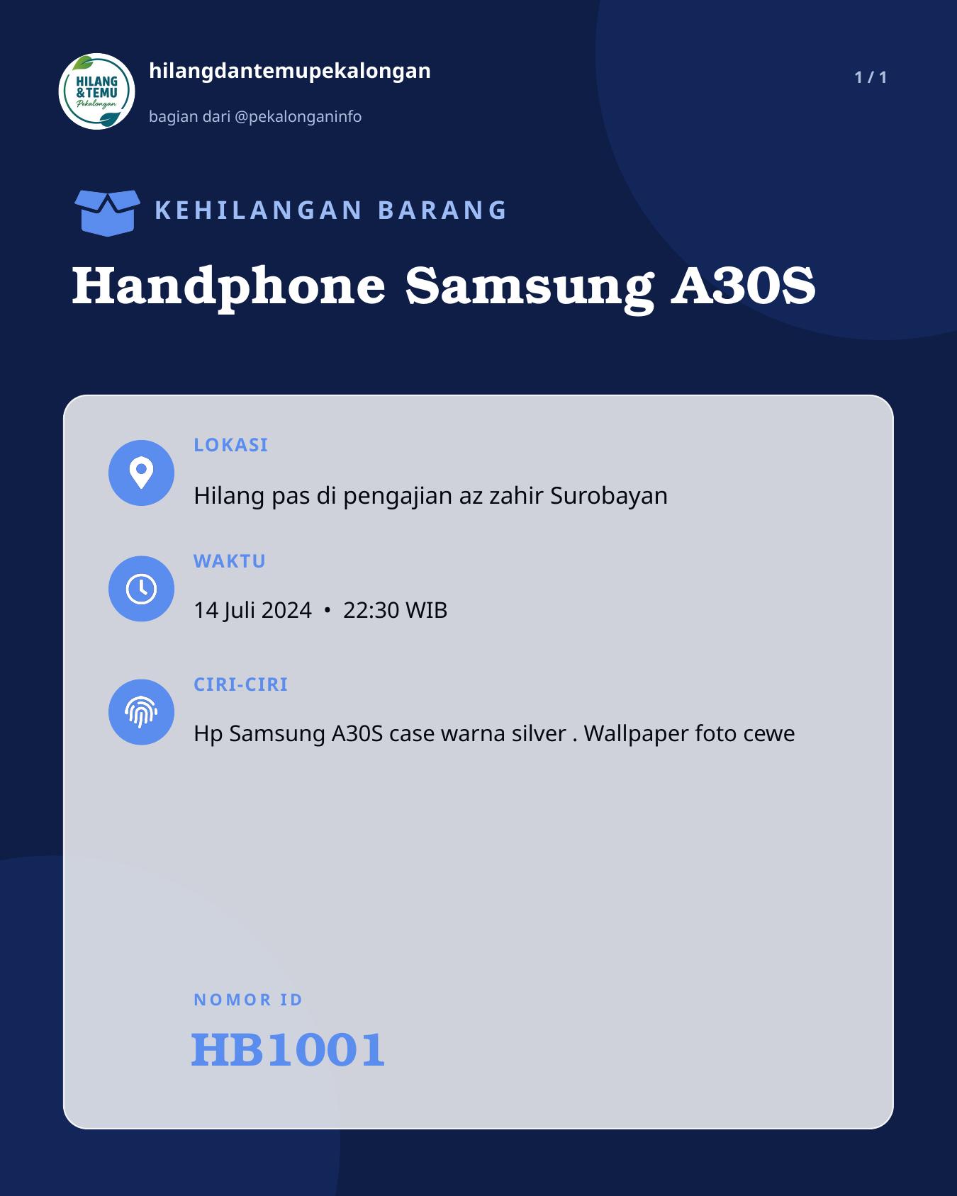 Slide laporan Handphone Samsung A30S (HB1001)