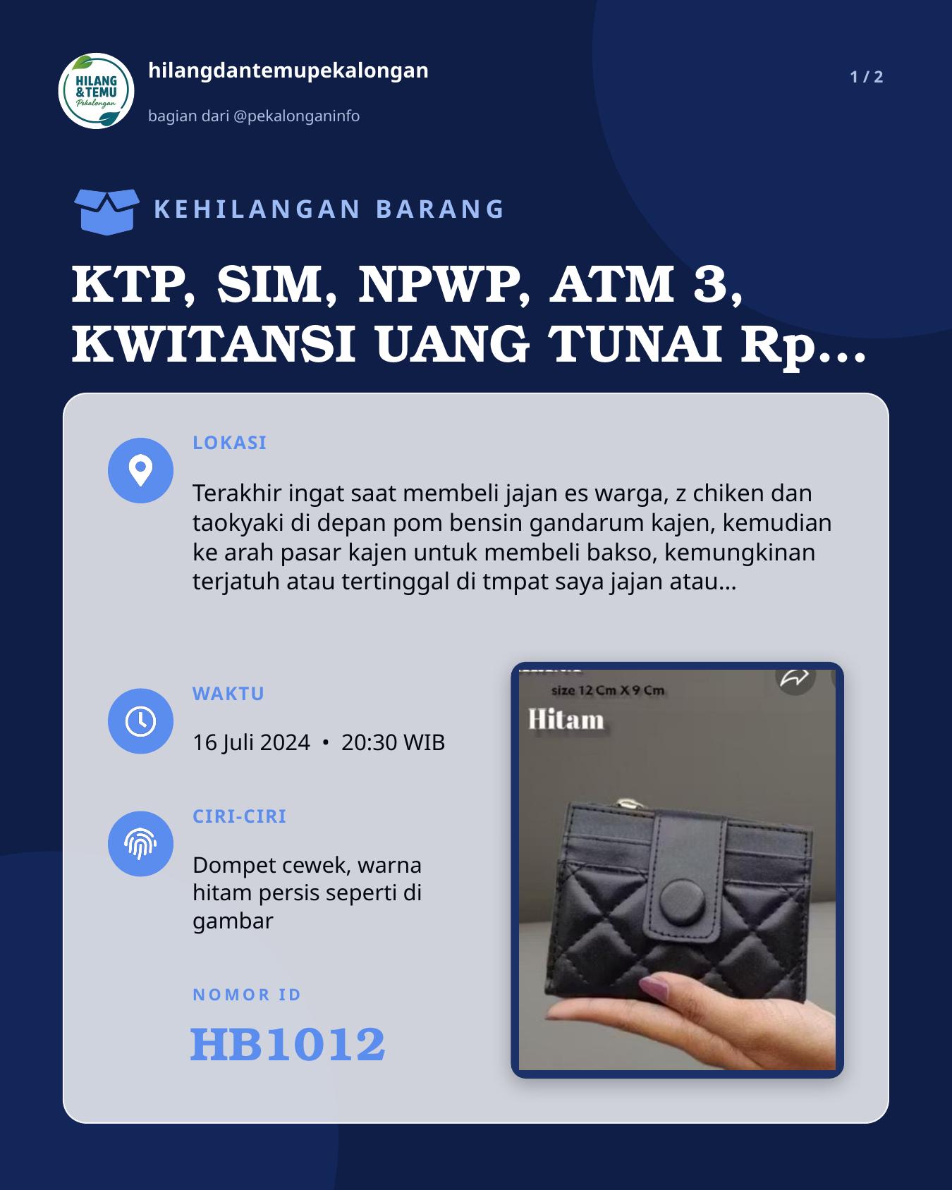 Slide 1 laporan KTP, SIM, NPWP, ATM 3, KWITANSI UANG TUNAI Rp. +-150.000