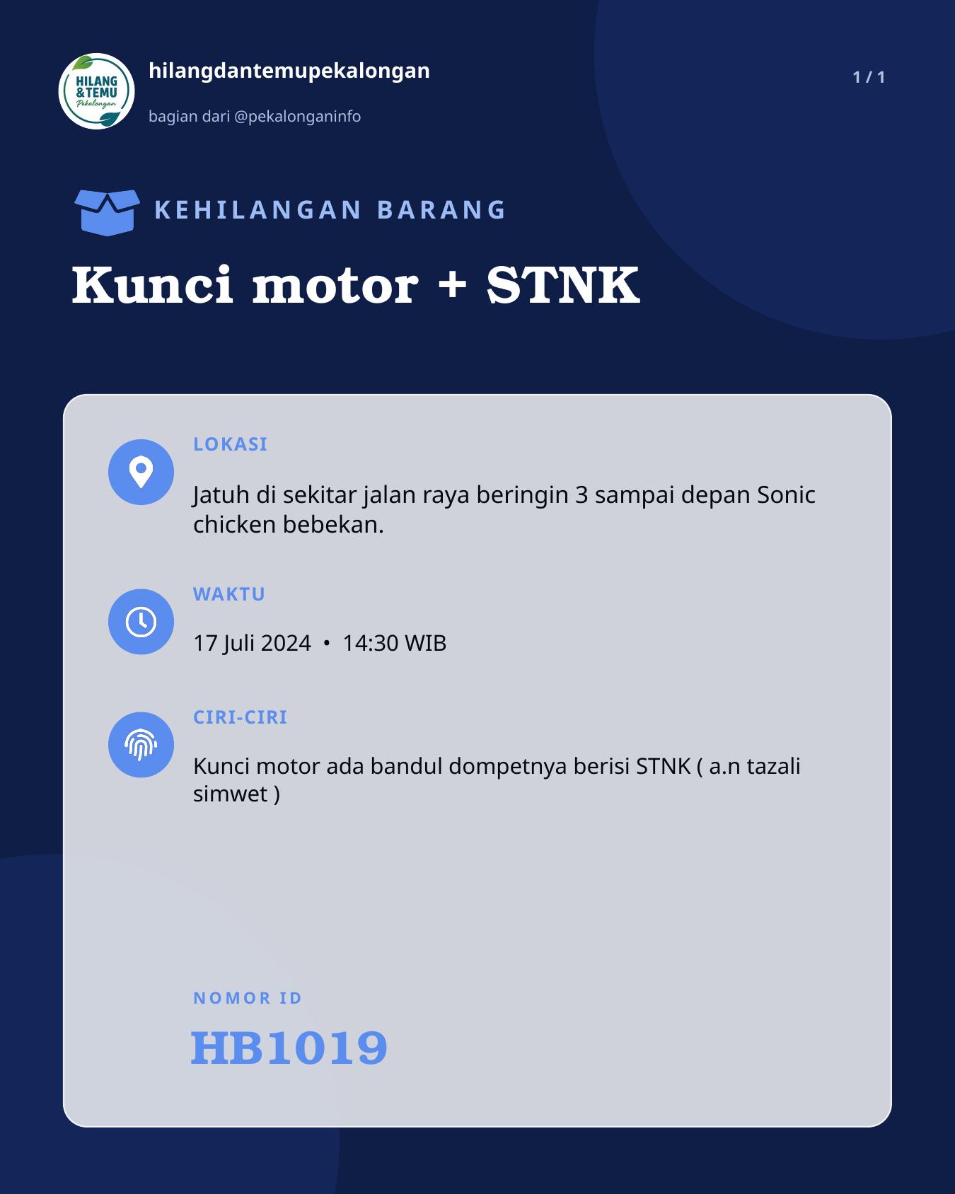 Slide laporan Kunci motor + STNK (HB1019)