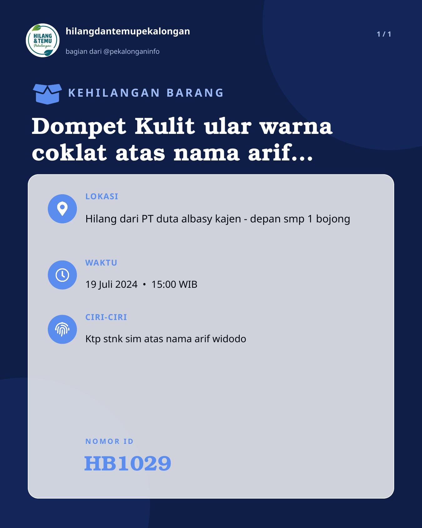 Slide laporan Dompet Kulit ular warna coklat atas nama arif widodo (HB1029)