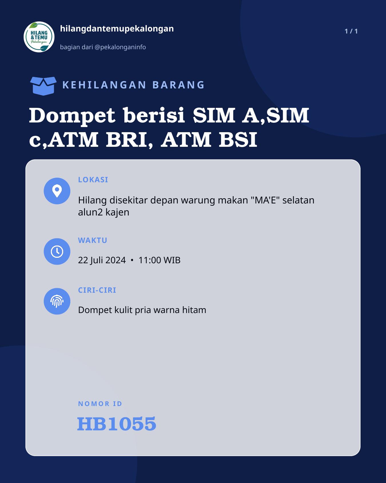 Slide laporan Dompet berisi SIM A,SIM c,ATM BRI, ATM BSI (HB1055)