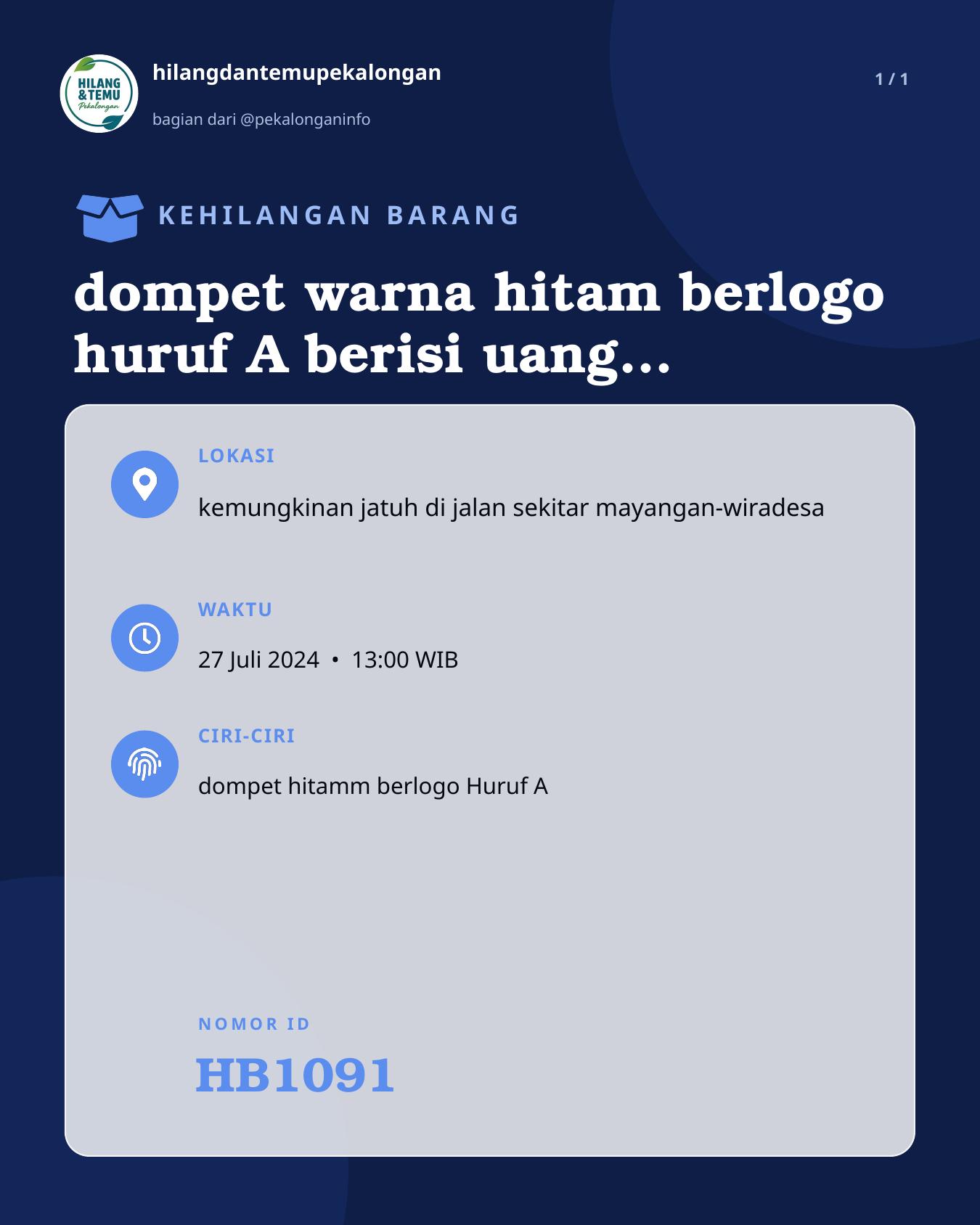 Slide laporan dompet warna hitam berlogo huruf A berisi uang dan kartu pelajar atas nama Priska (HB1091)