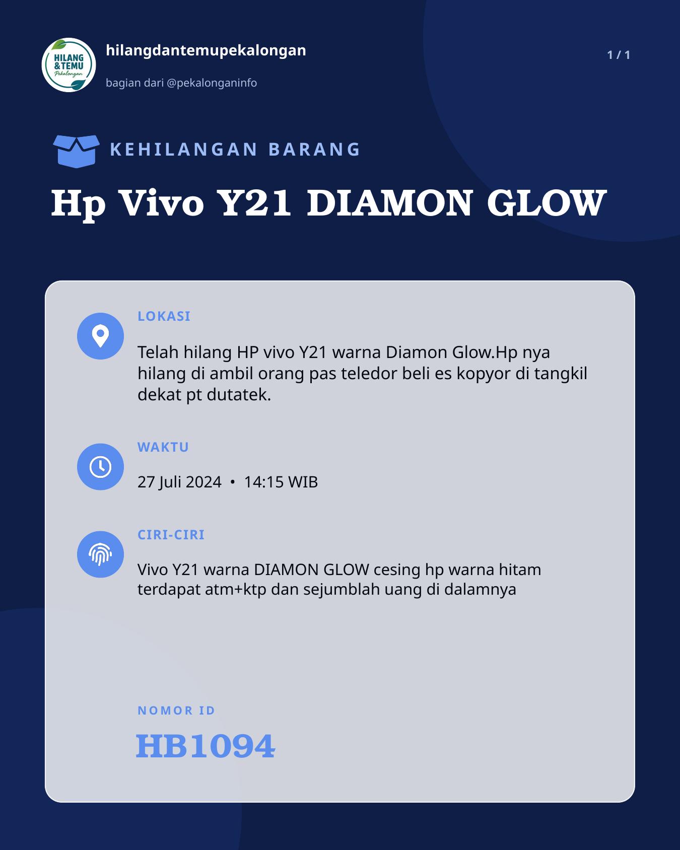 Slide laporan Hp Vivo Y21 DIAMON GLOW (HB1094)
