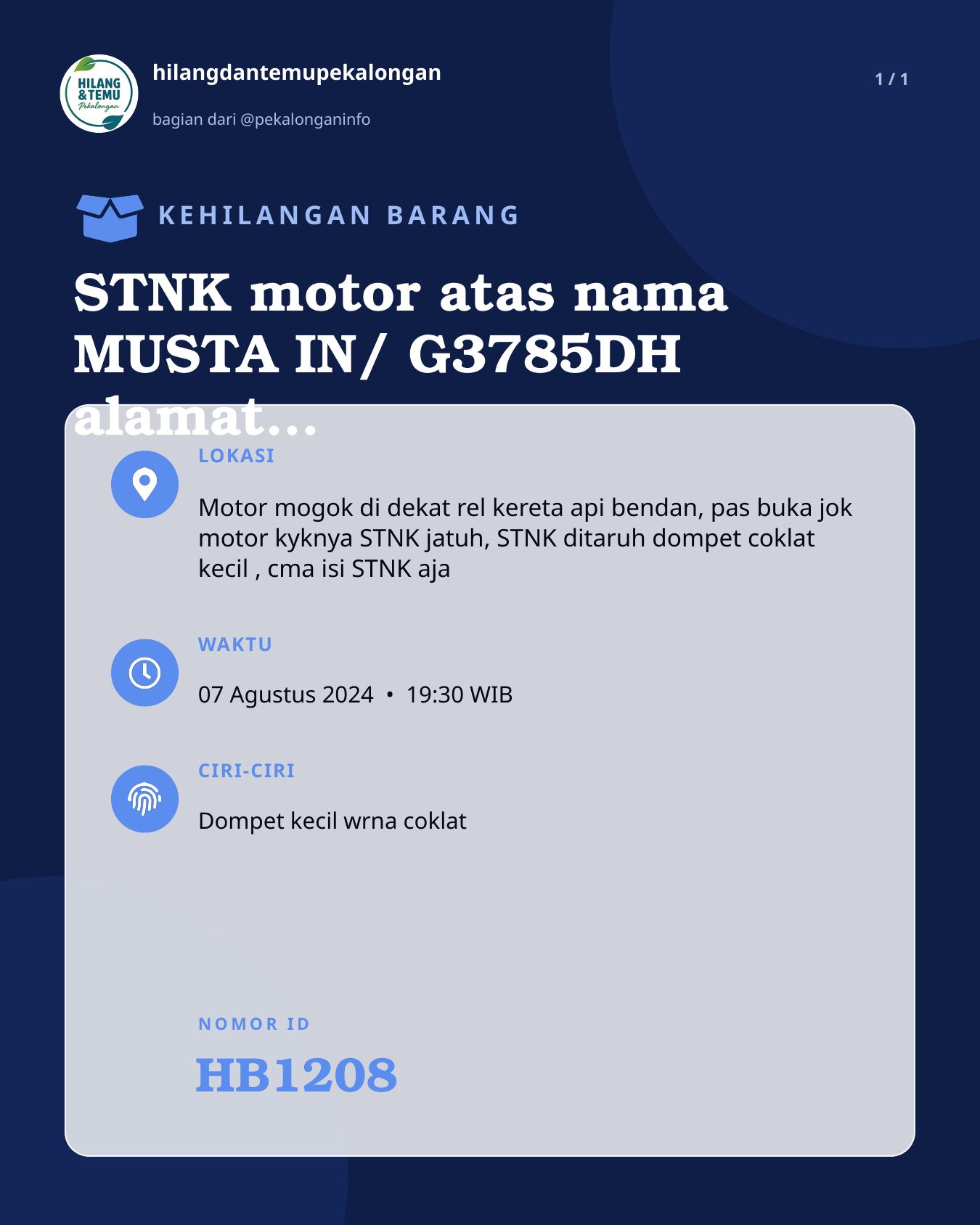 Slide laporan STNK motor atas nama MUSTA IN/ G3785DH alamat pringlangu gang 8 (HB1208)