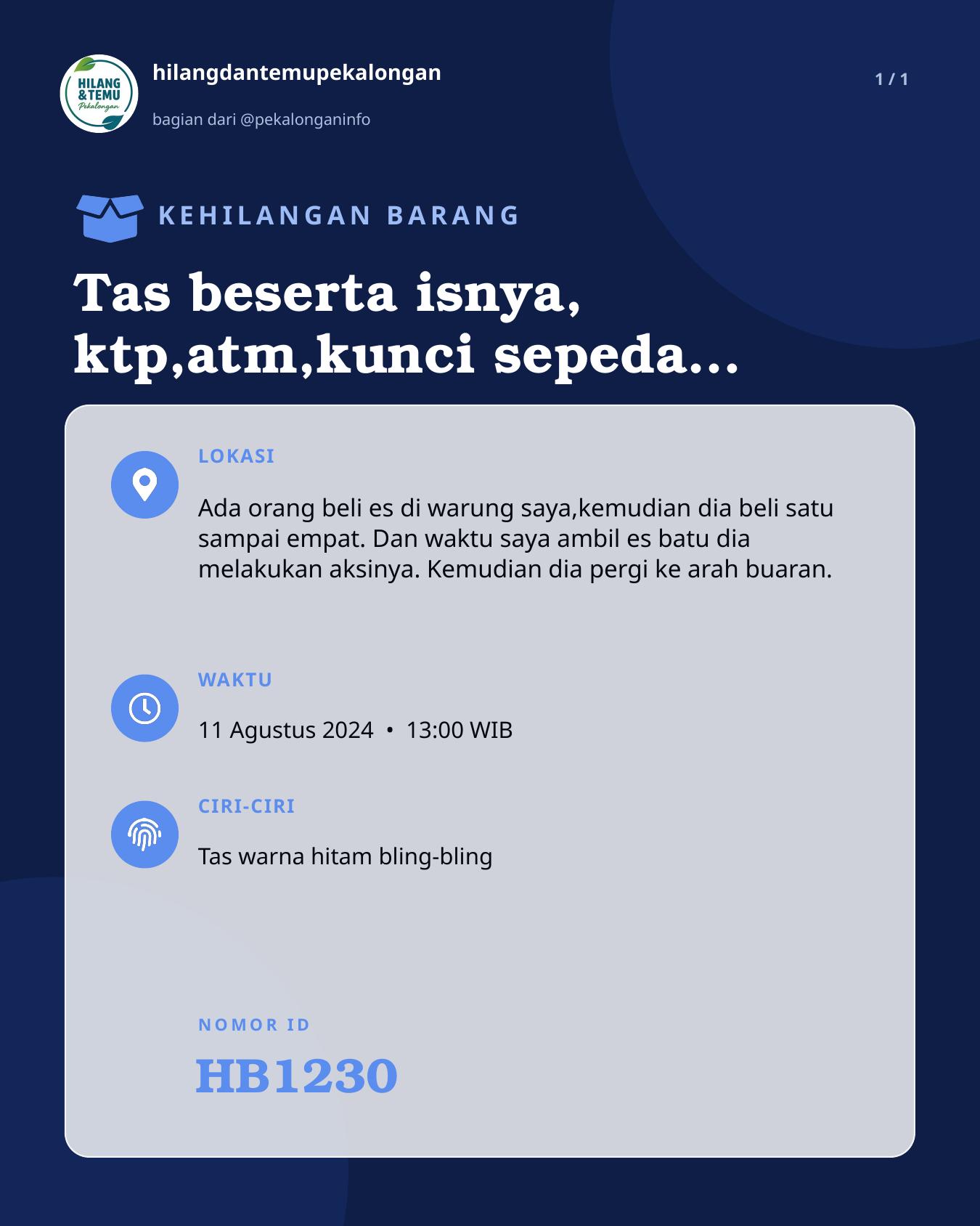 Slide laporan Tas beserta isnya, ktp,atm,kunci sepeda listrik,kunci warung,uang dsb (HB1230)