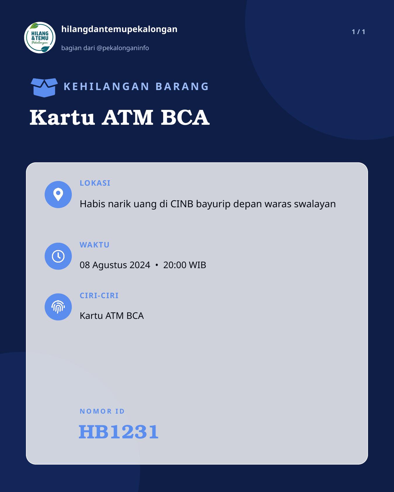 Slide laporan Kartu ATM BCA (HB1231)